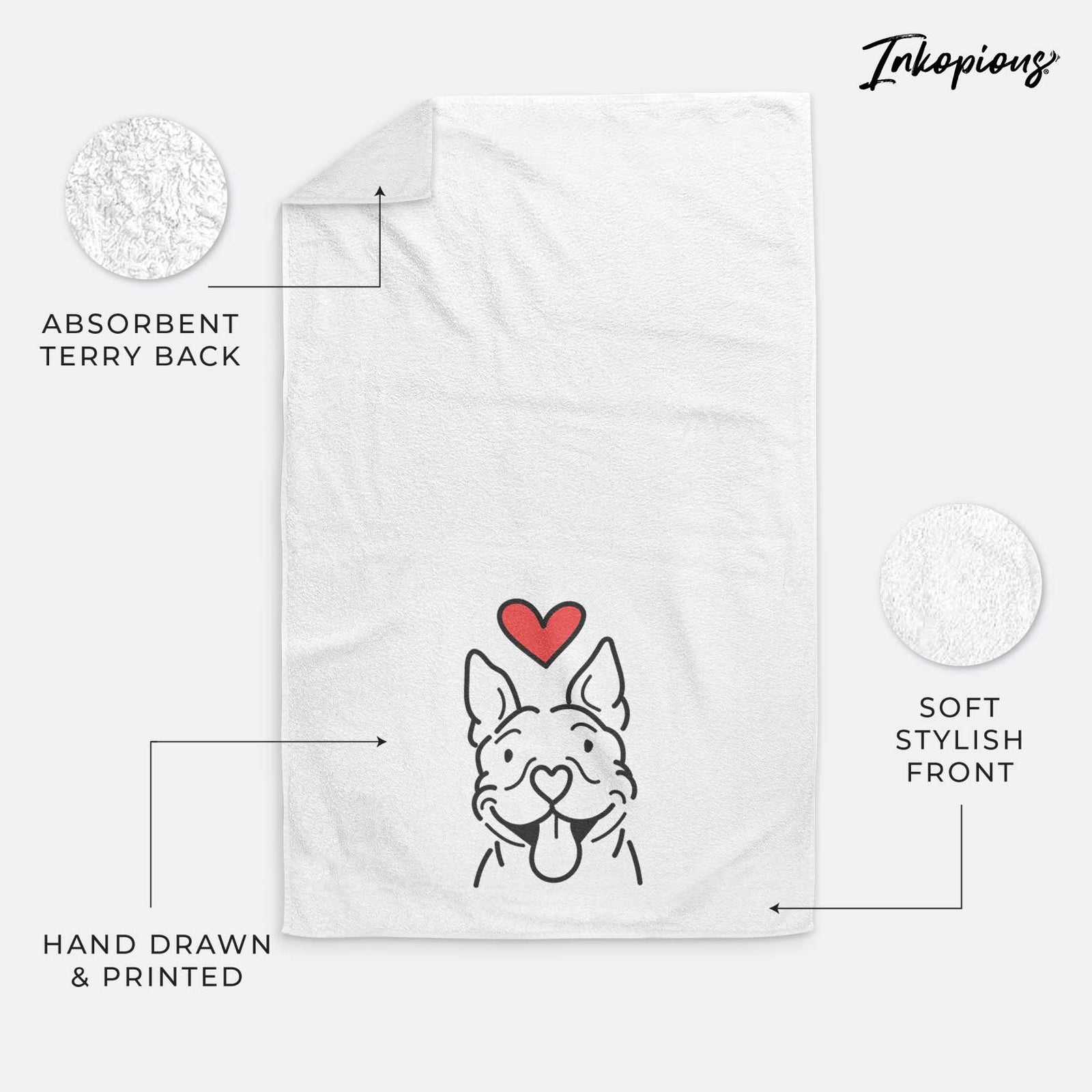 Minimalist line drawing of Basil the Pitbull with a red heart on a decorative hand towel