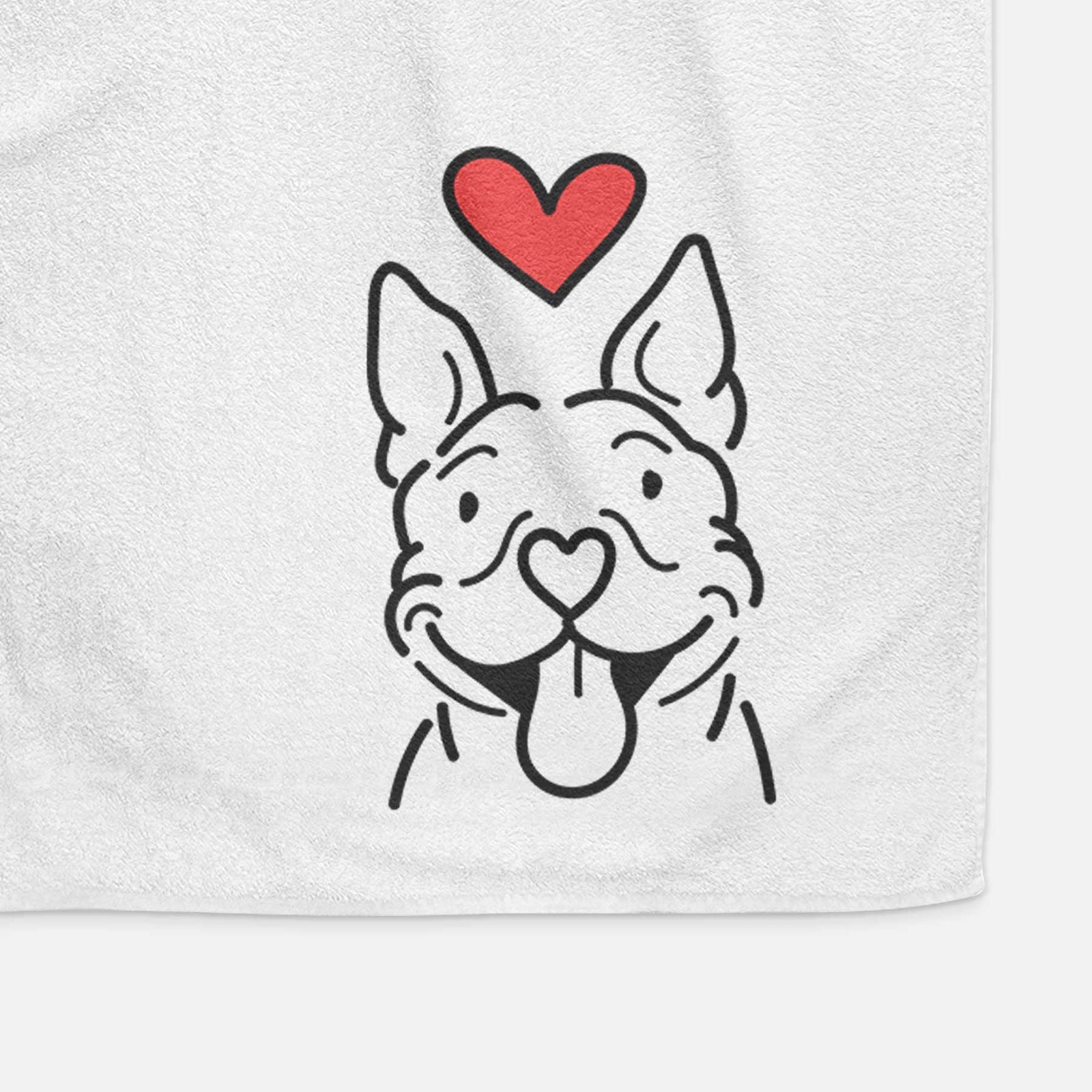 Minimalist line drawing of Basil the Pitbull with a red heart on a decorative hand towel