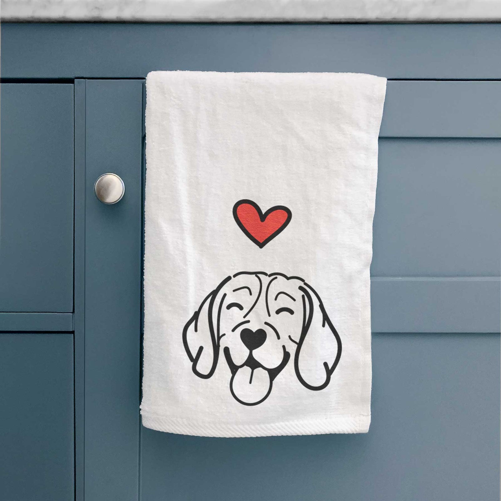Minimalist line drawing of a Beagle with a red heart on a decorative hand towel