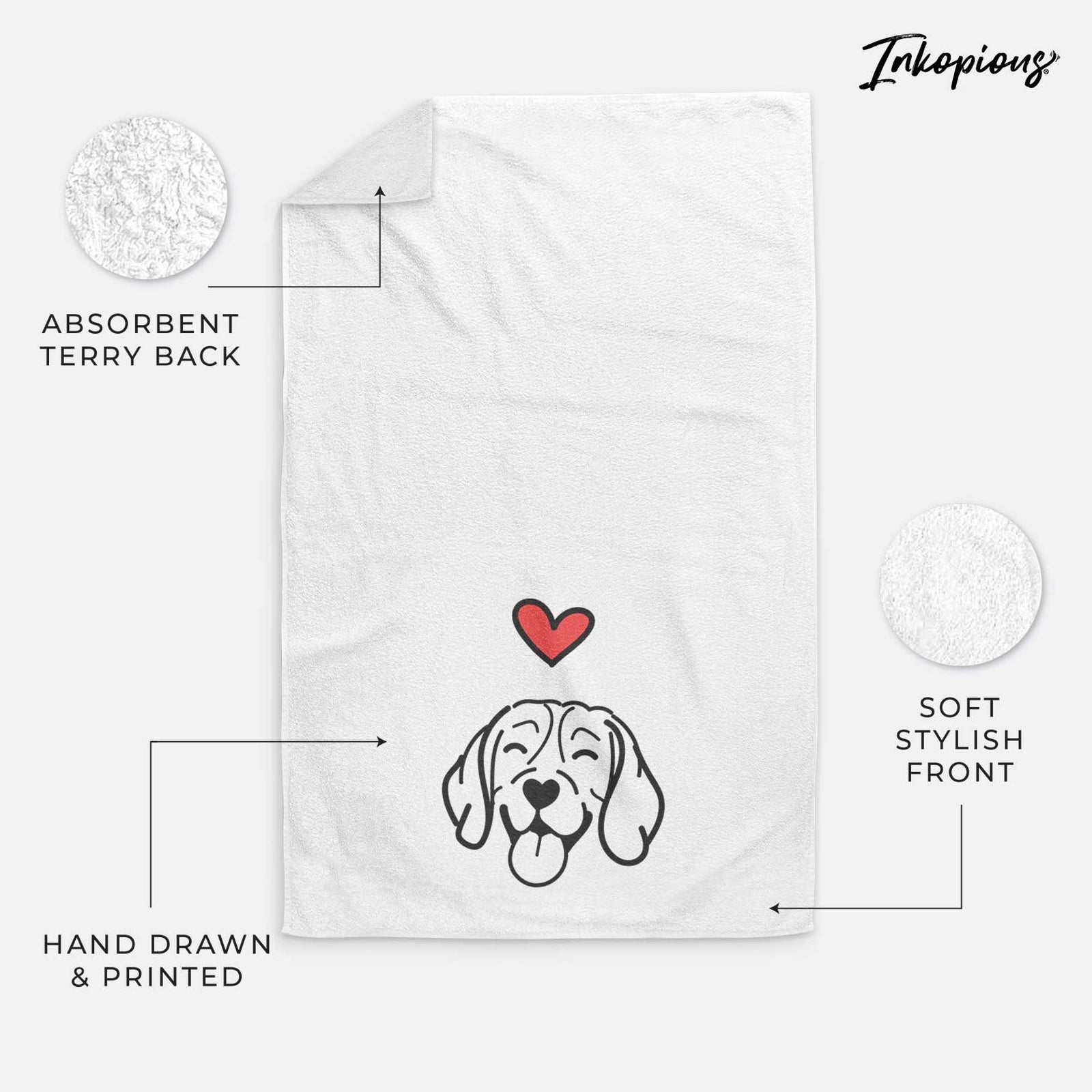 Minimalist line drawing of a Beagle with a red heart on a decorative hand towel