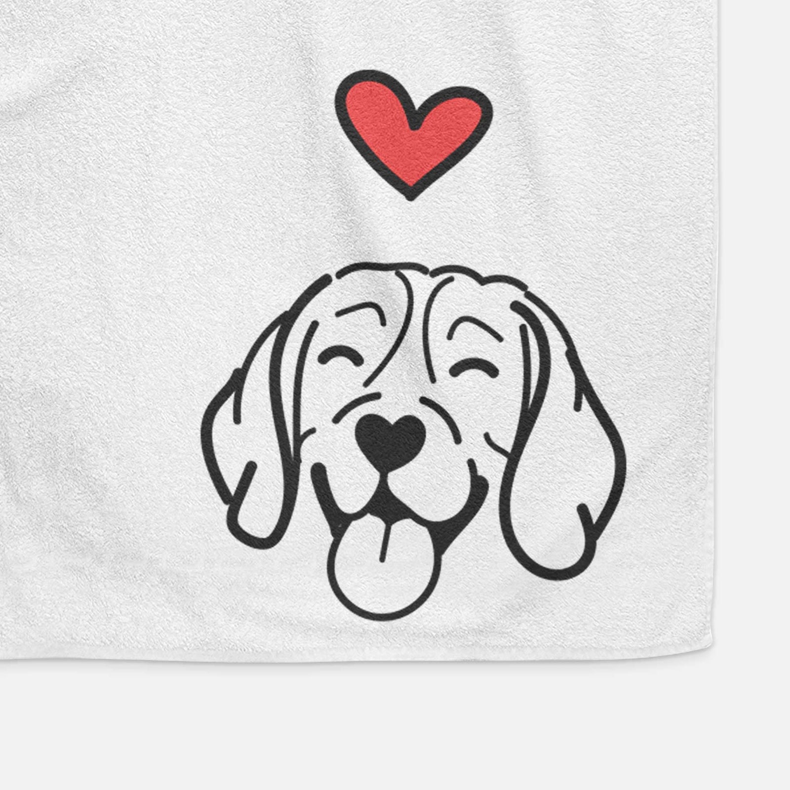 Minimalist line drawing of a Beagle with a red heart on a decorative hand towel