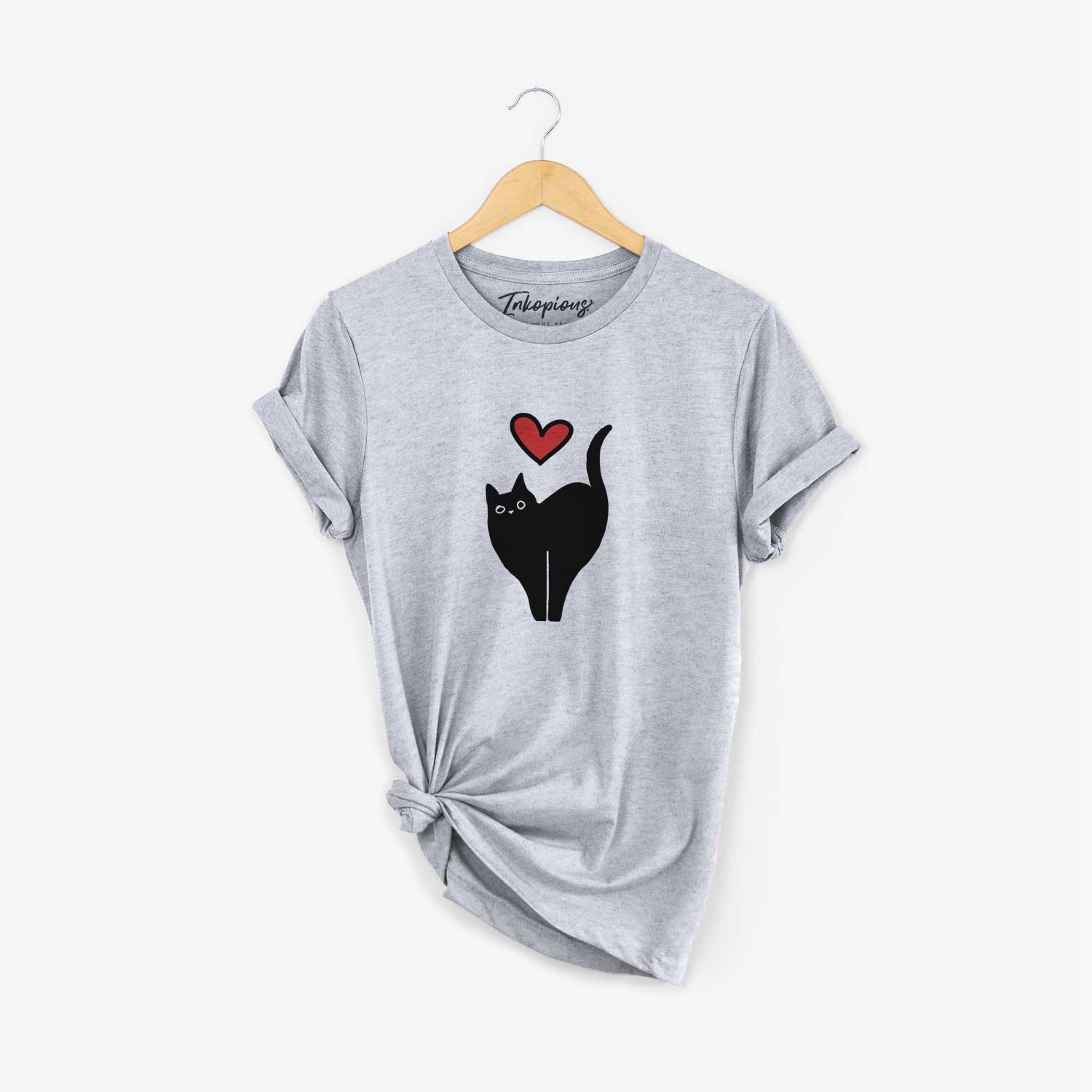 Minimalist line drawing of Bella the Black Cat with a red heart on a Grey Unisex crewneck