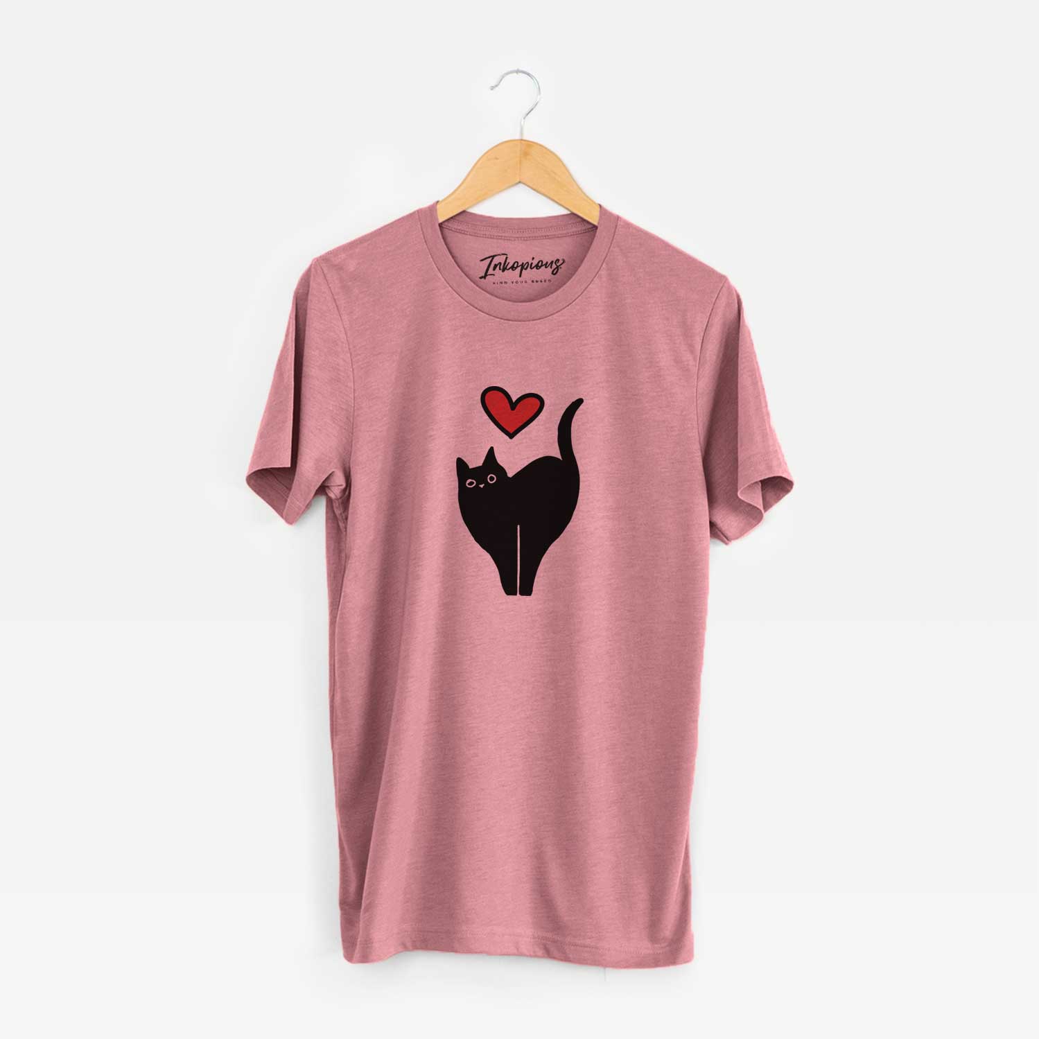 Minimalist line drawing of Bella the Black Cat with a red heart on a Mauve Unisex crewneck