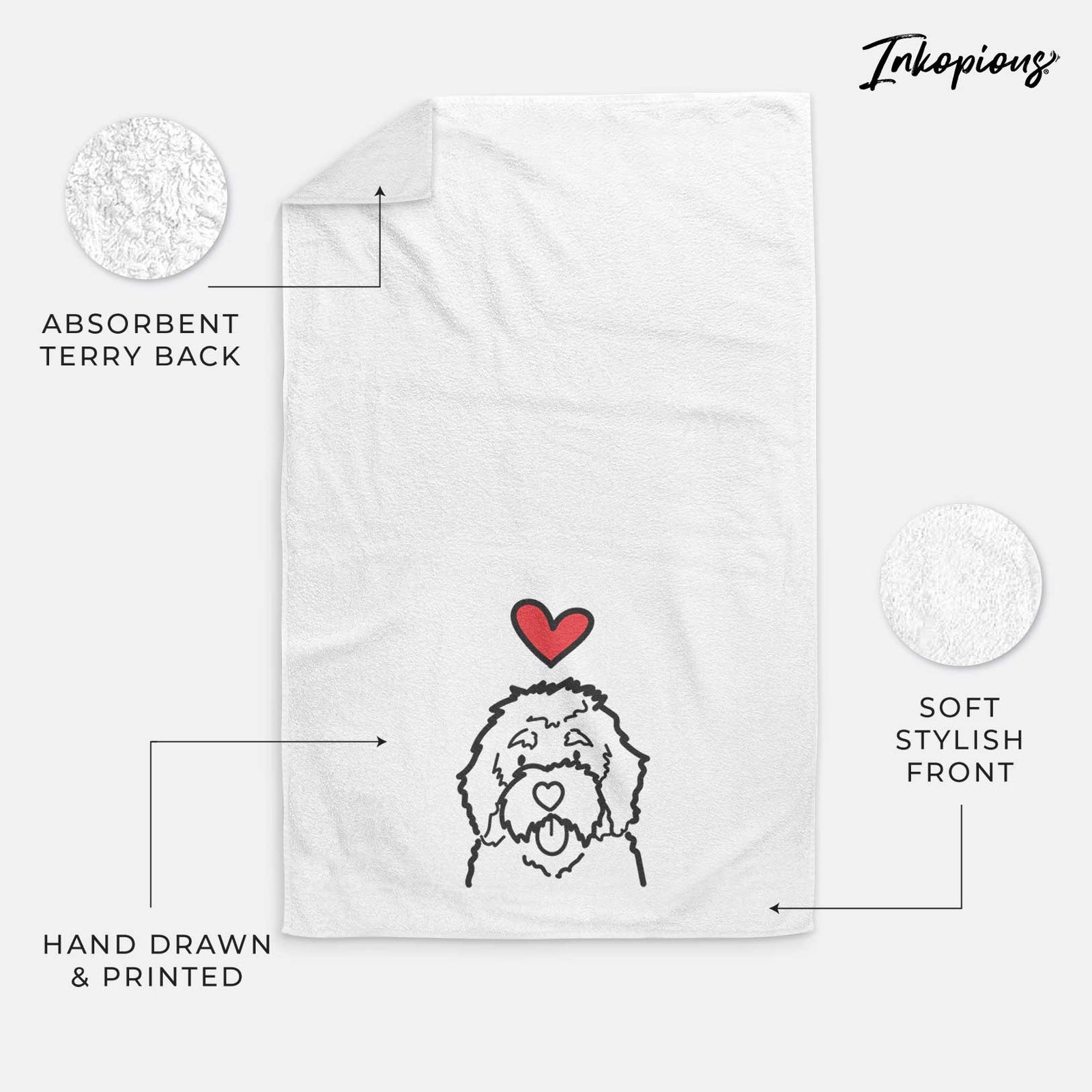 Minimalist line drawing of a Bernedoodle with a red heart on a decorative hand towel