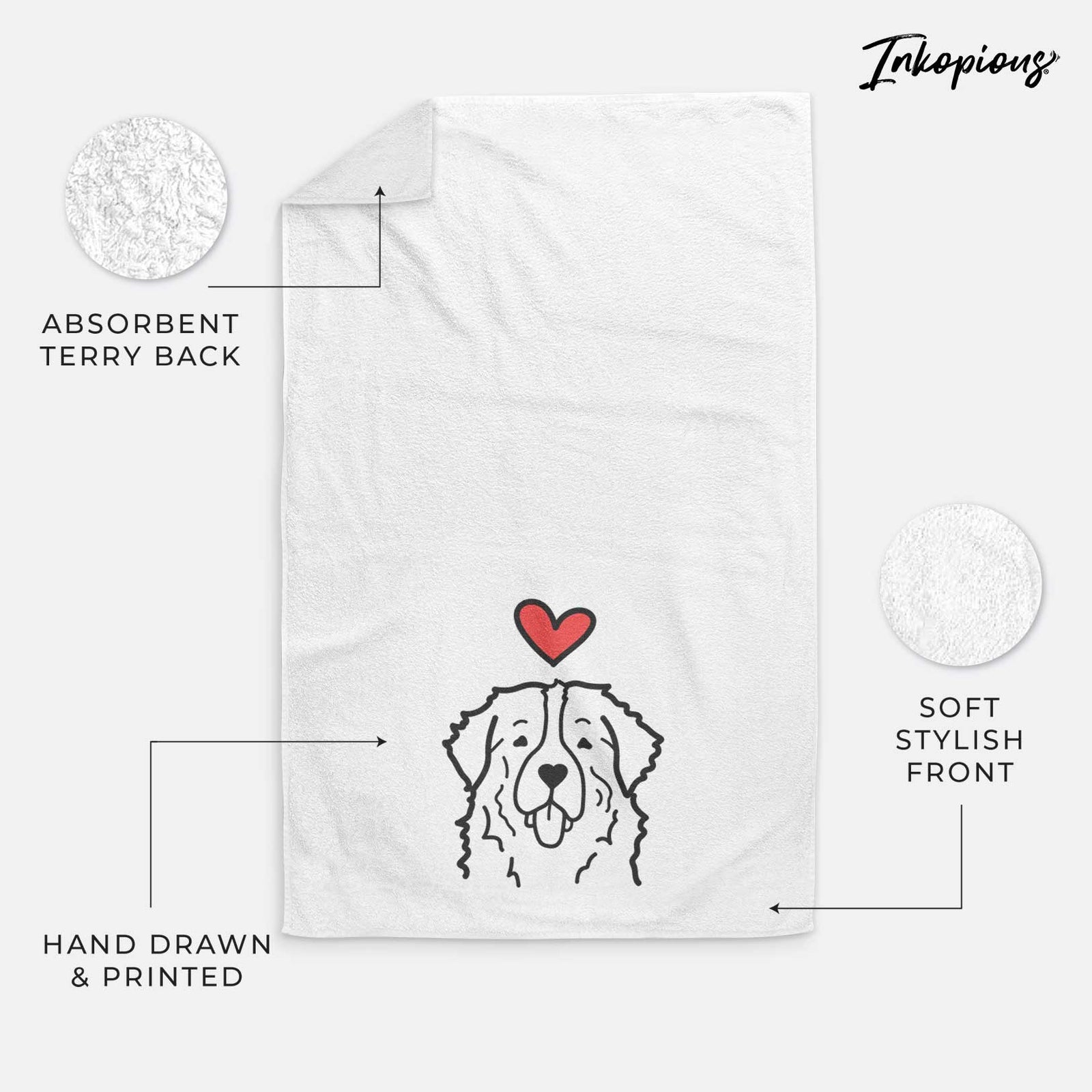 Minimalist line drawing of a Bernese Mountain Dog with a red heart on a decorative hand towel