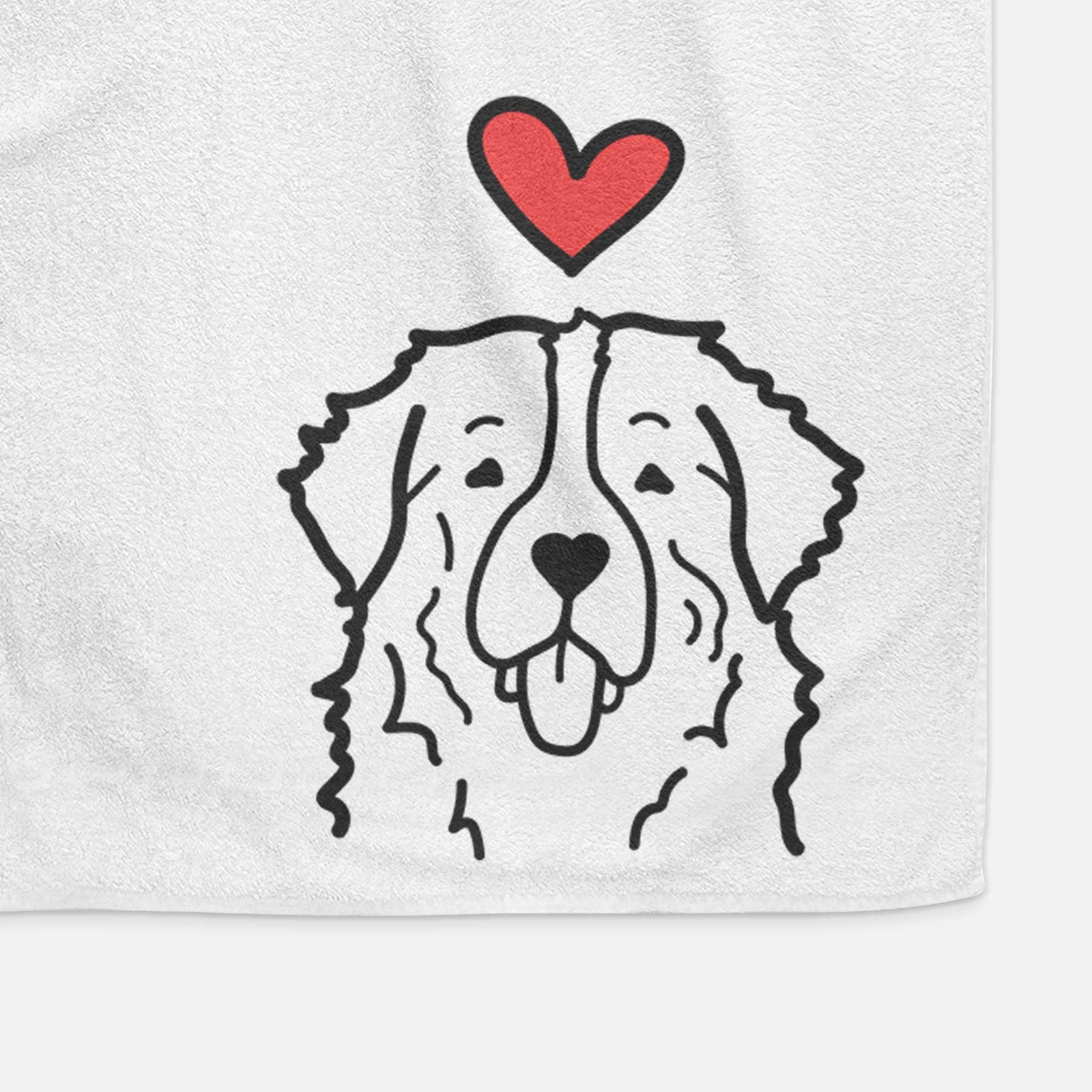 Minimalist line drawing of a Bernese Mountain Dog with a red heart on a decorative hand towel