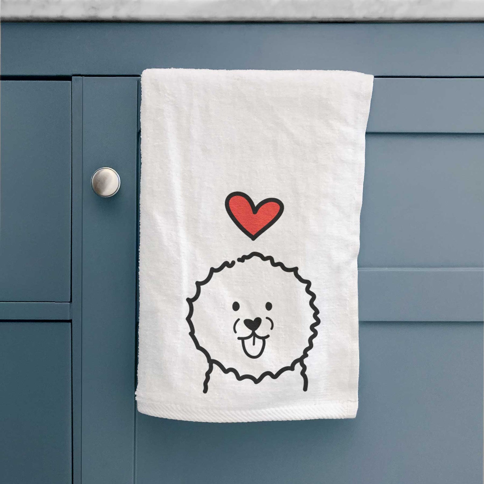 Minimalist line drawing of a Bichon Frise with a red heart on a decorative hand towel