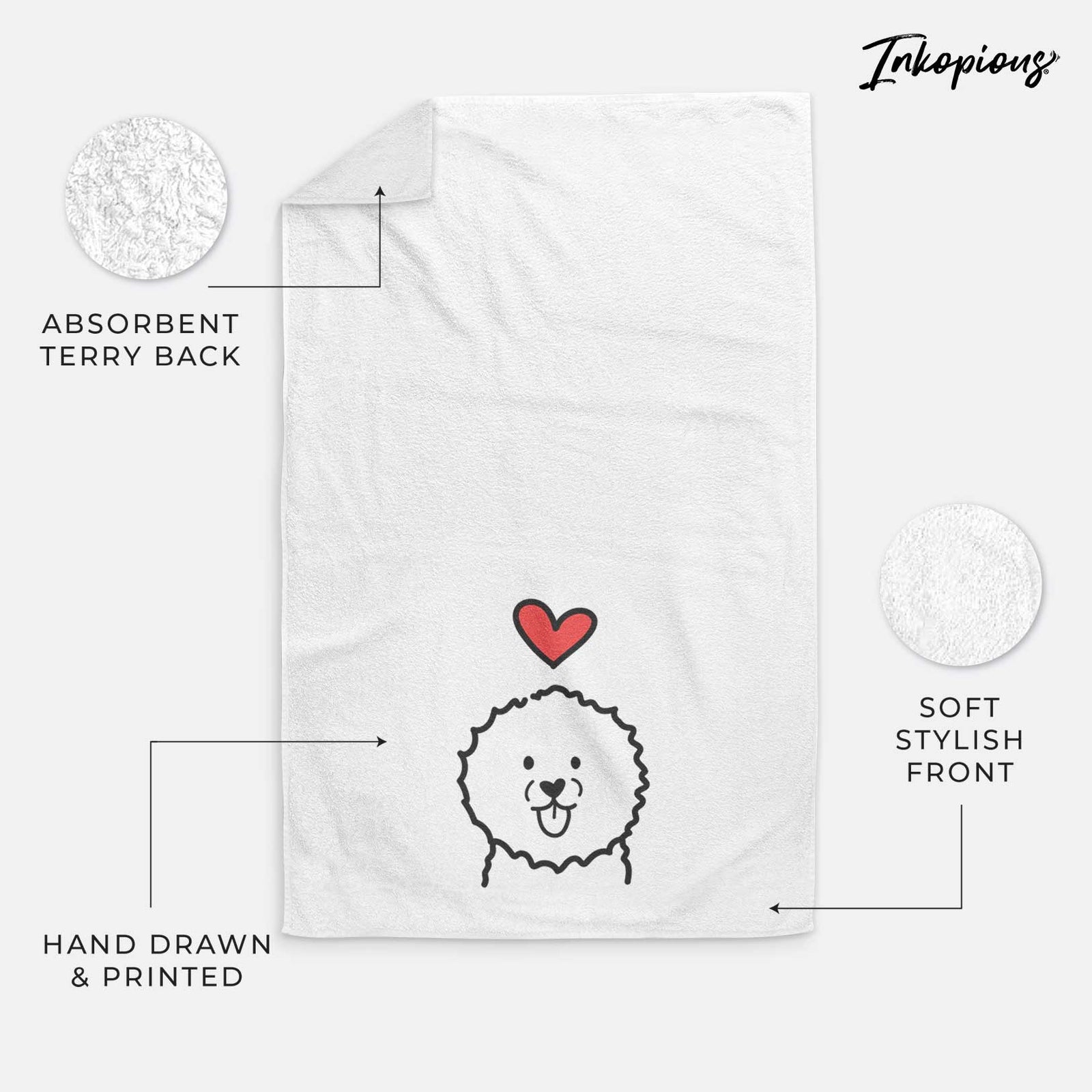 Minimalist line drawing of a Bichon Frise with a red heart on a decorative hand towel