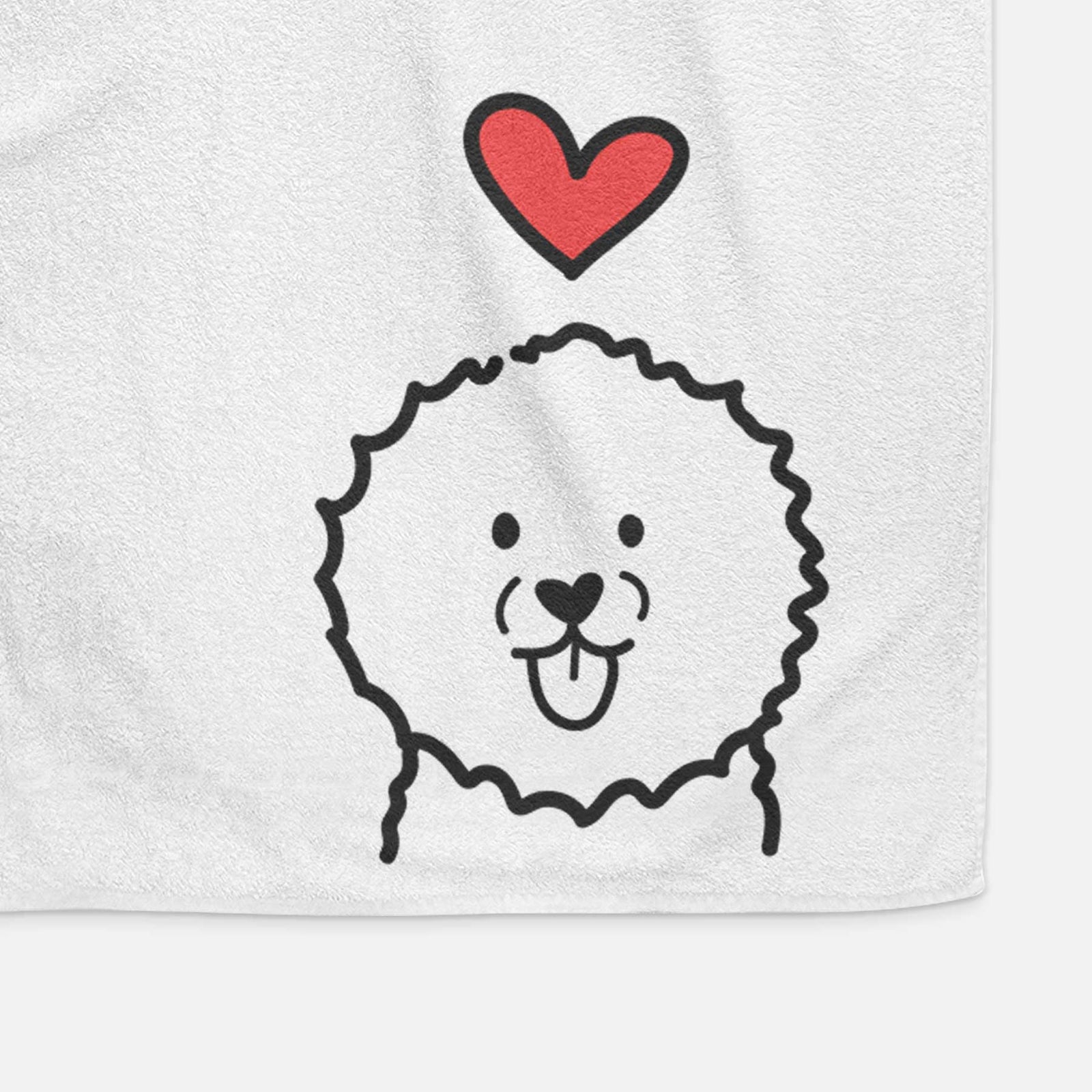 Minimalist line drawing of a Bichon Frise with a red heart on a decorative hand towel
