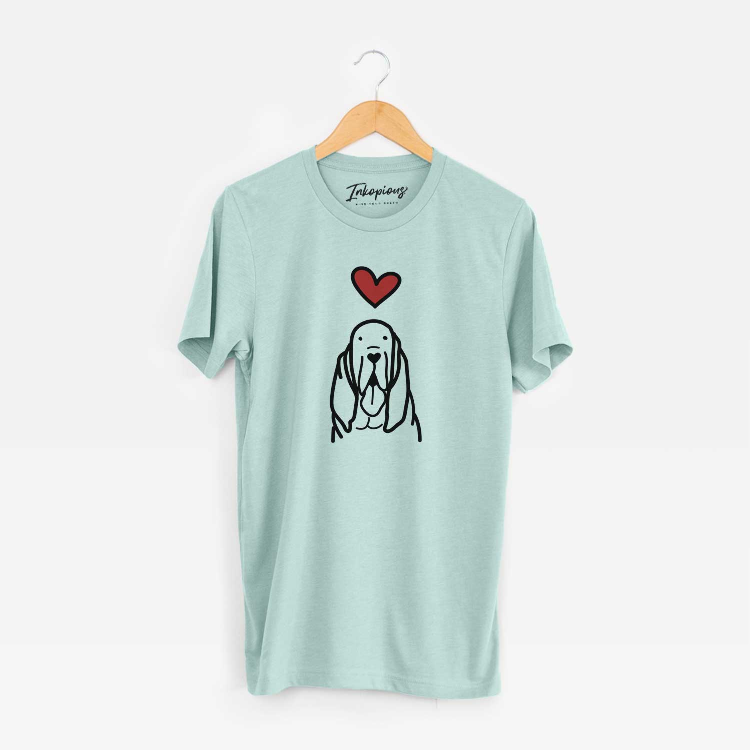 Minimalist line drawing of a Bloodhound with a red heart on a Heather Sage Unisex crewneck