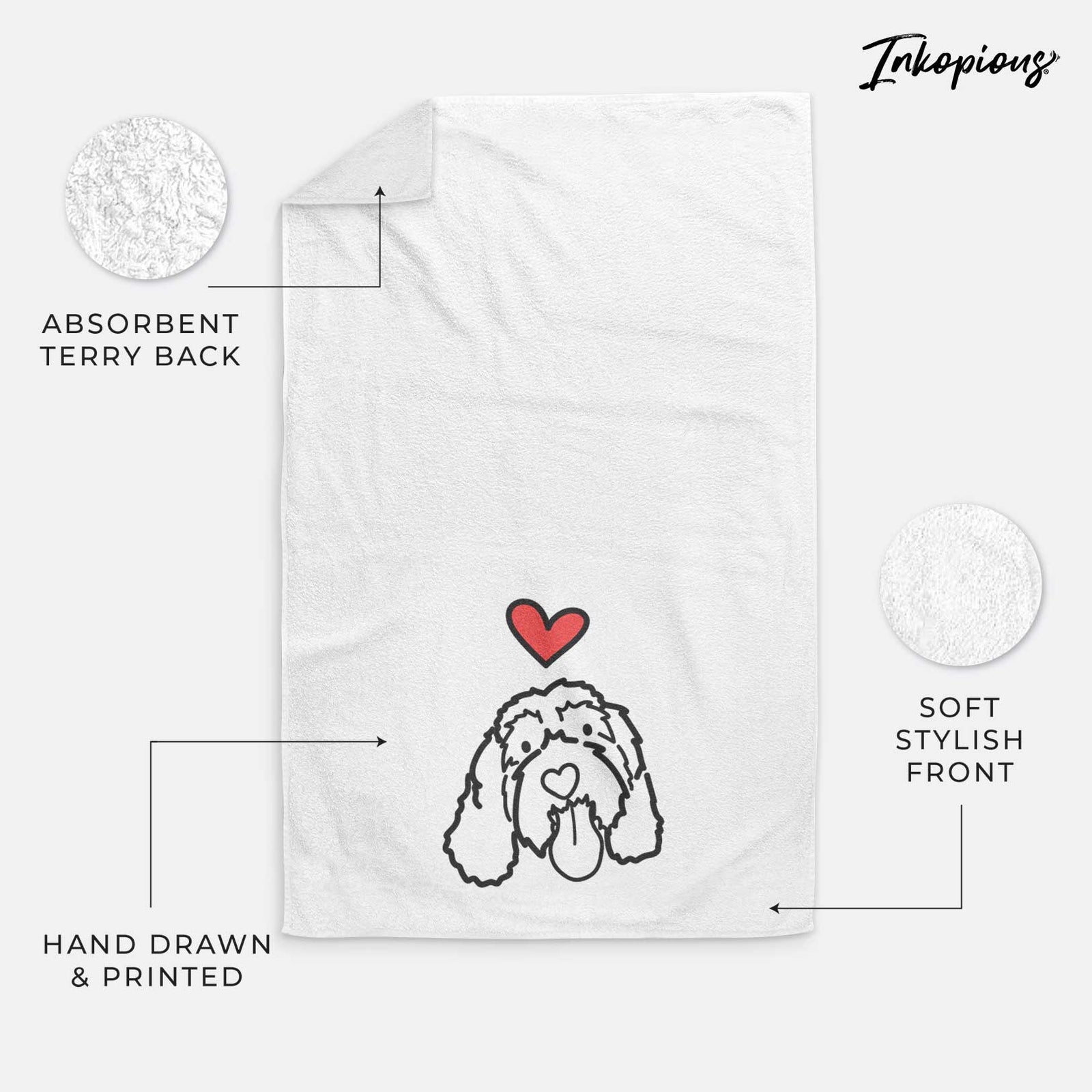 Minimalist line drawing of Bo the Portguese Water Dog with a red heart on a decorative hand towel