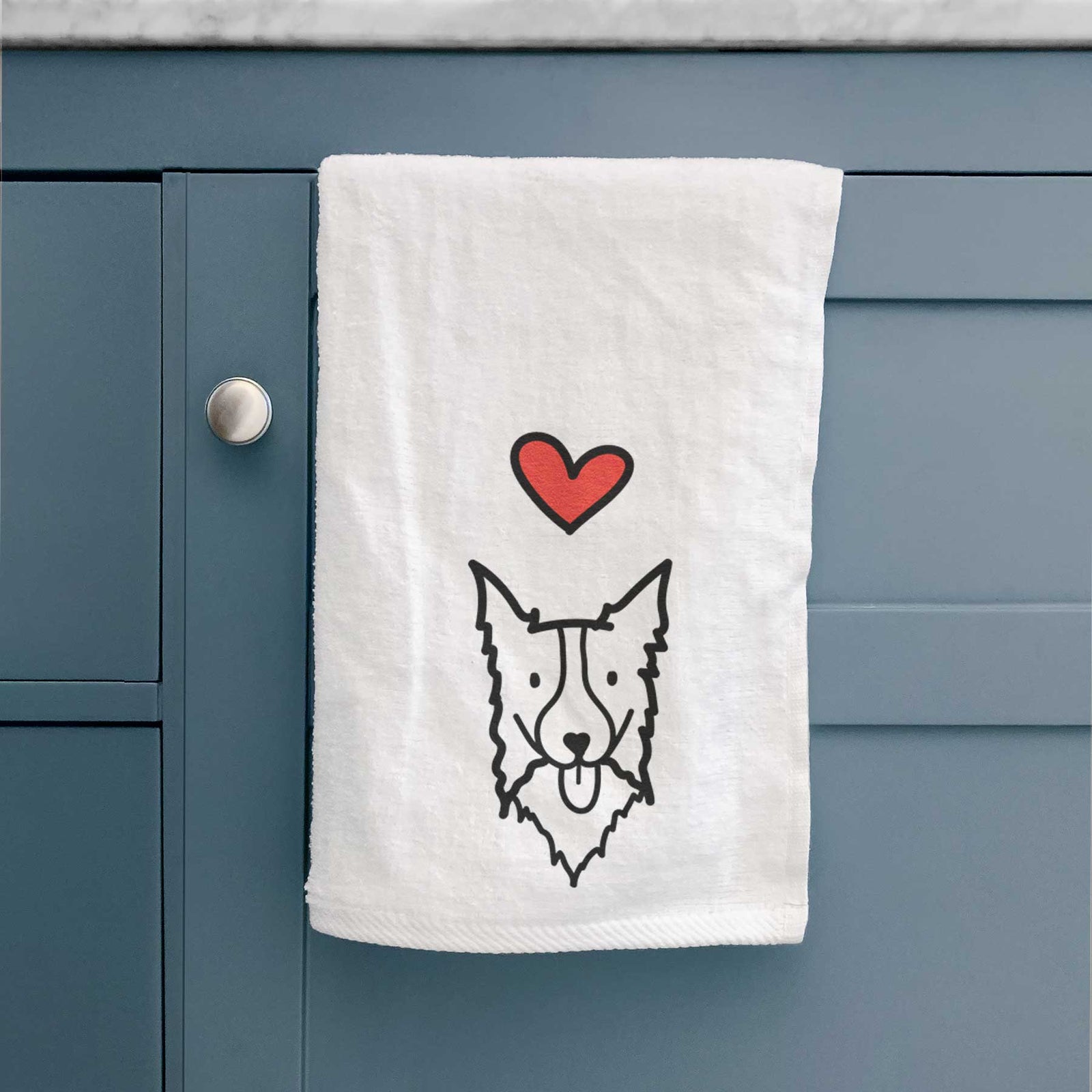 Minimalist line drawing of a Border Collie with a red heart on a decorative hand towel