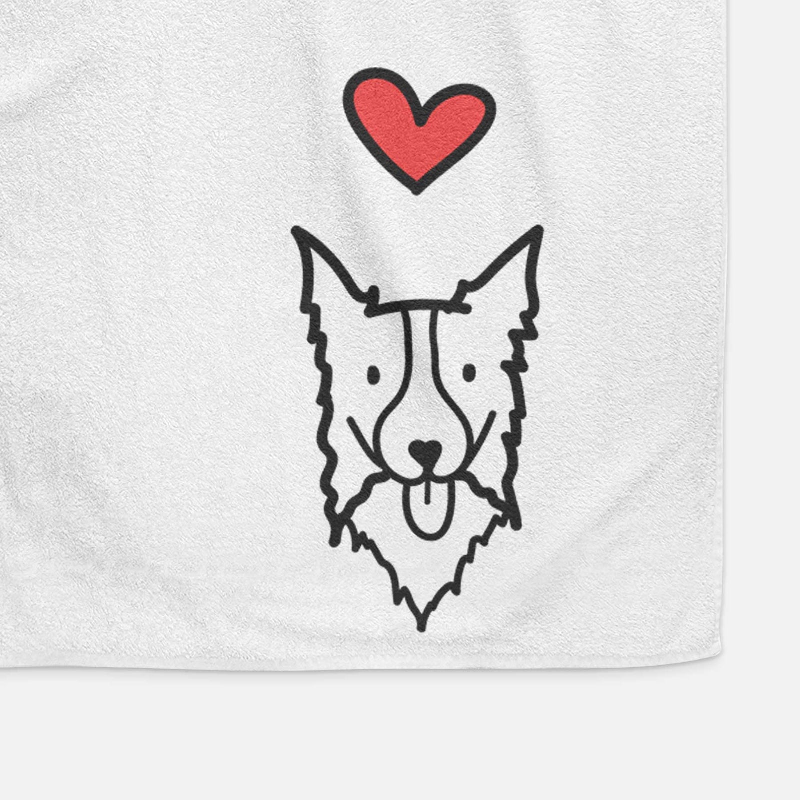 Minimalist line drawing of a Border Collie with a red heart on a decorative hand towel