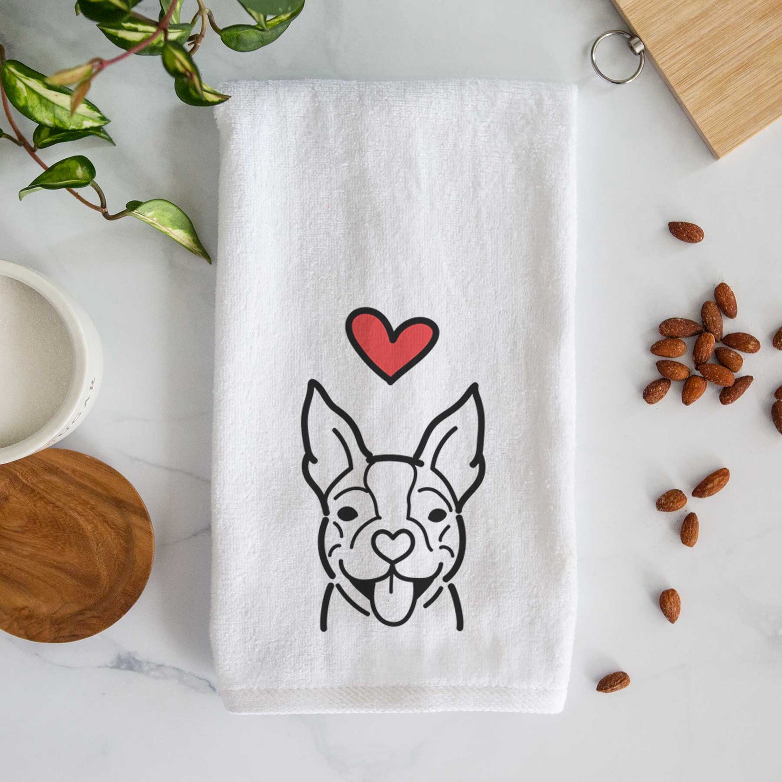 Minimalist line drawing of a Happy Boston Terrier with a red heart on a decorative hand towel