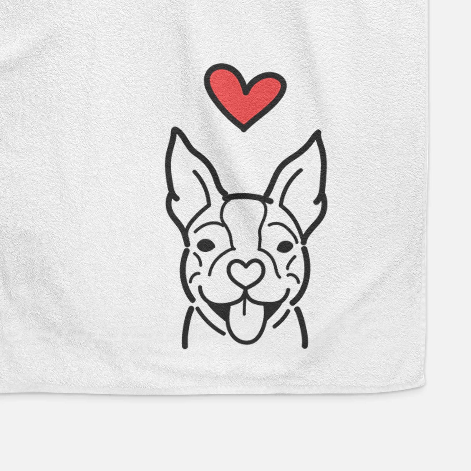 Minimalist line drawing of a Happy Boston Terrier with a red heart on a decorative hand towel