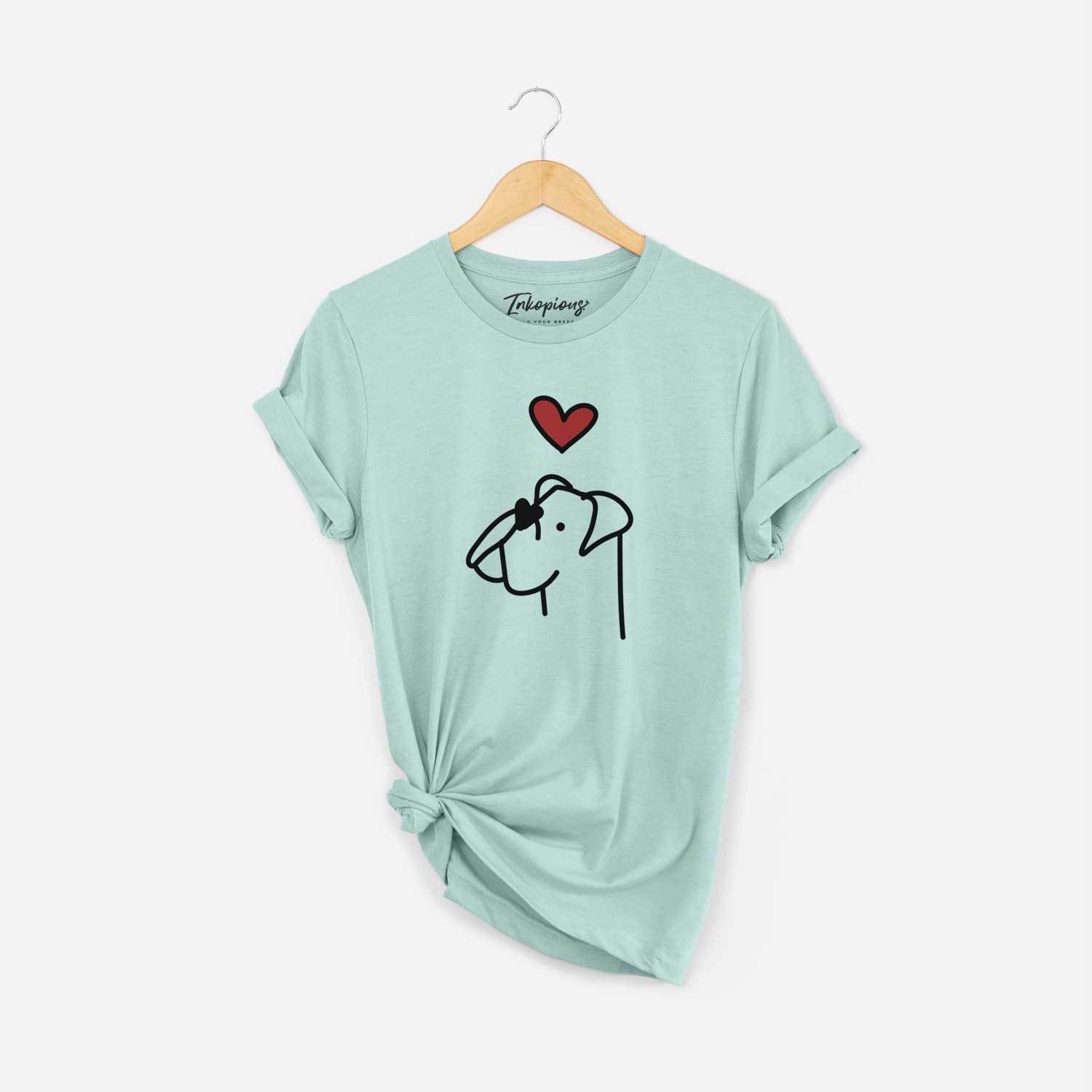 Minimalist line drawing of a Boxer with a red heart on a Heather Sage Unisex crewneck