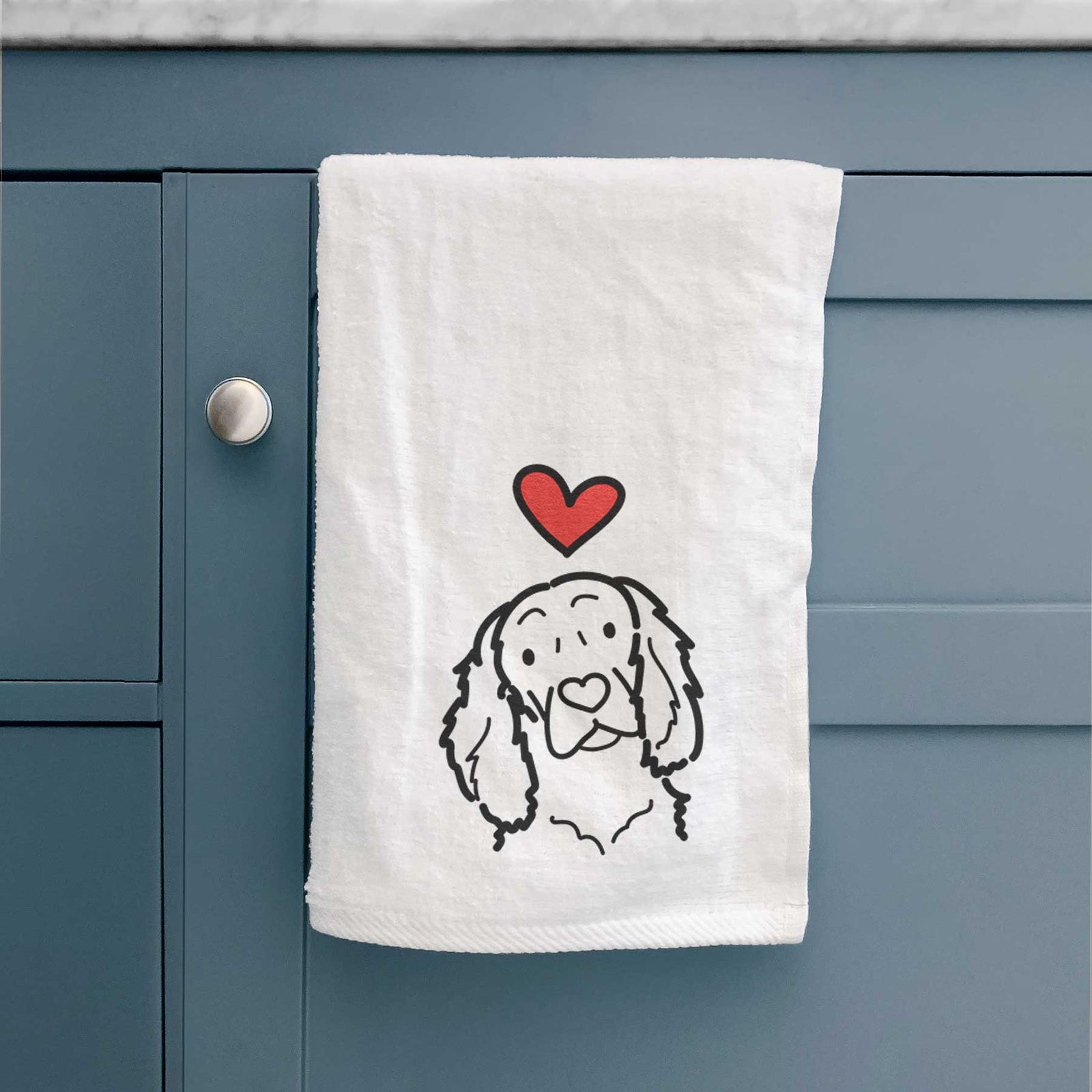 Minimalist line drawing of a Boykin Spaniel with a red heart on a decorative hand towel
