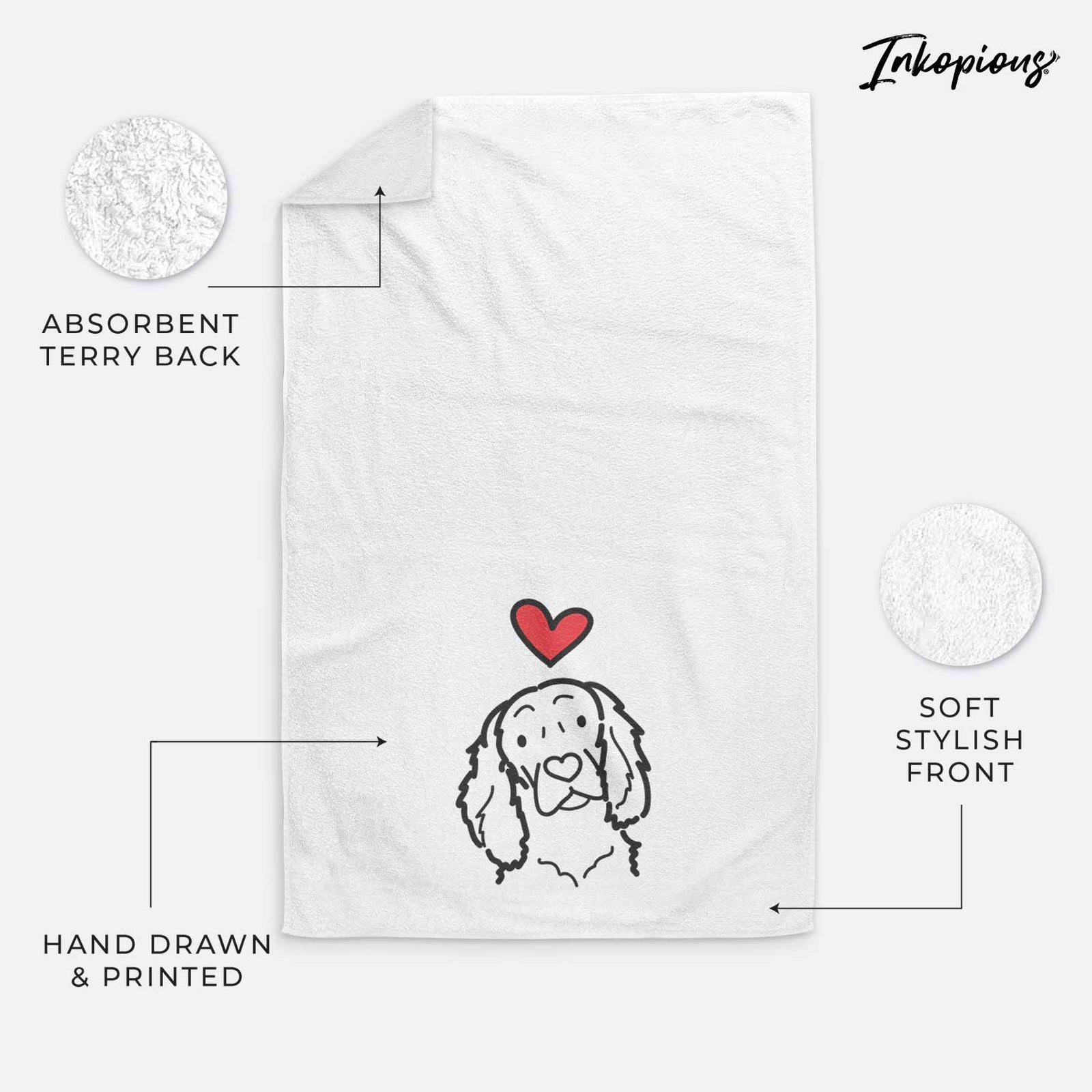 Minimalist line drawing of a Boykin Spaniel with a red heart on a decorative hand towel