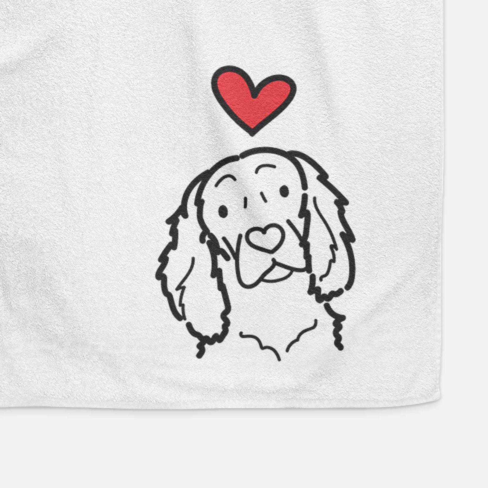 Minimalist line drawing of a Boykin Spaniel with a red heart on a decorative hand towel