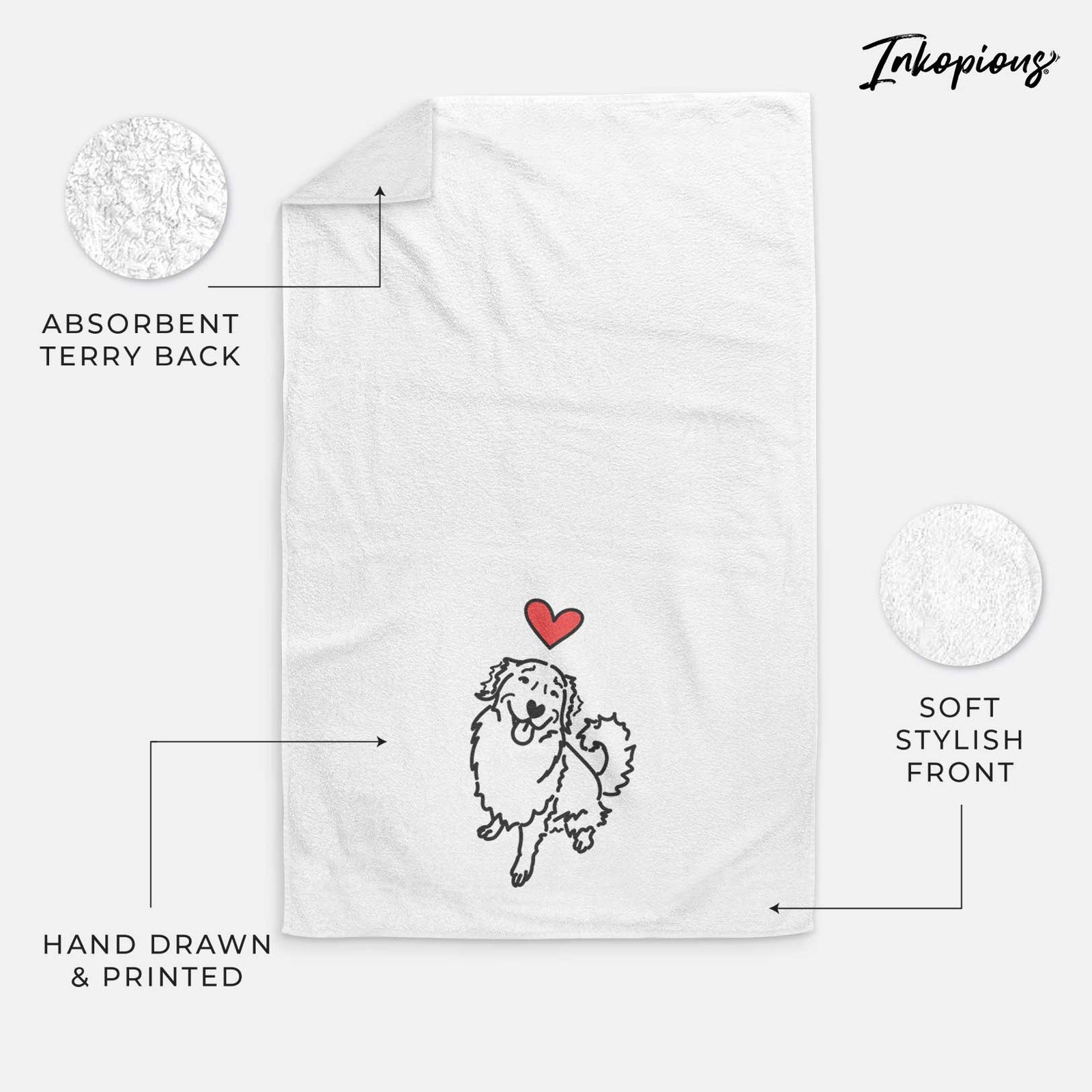 Minimalist line drawing of Brinkley the Golden Retriever with a red heart on a decorative hand towel