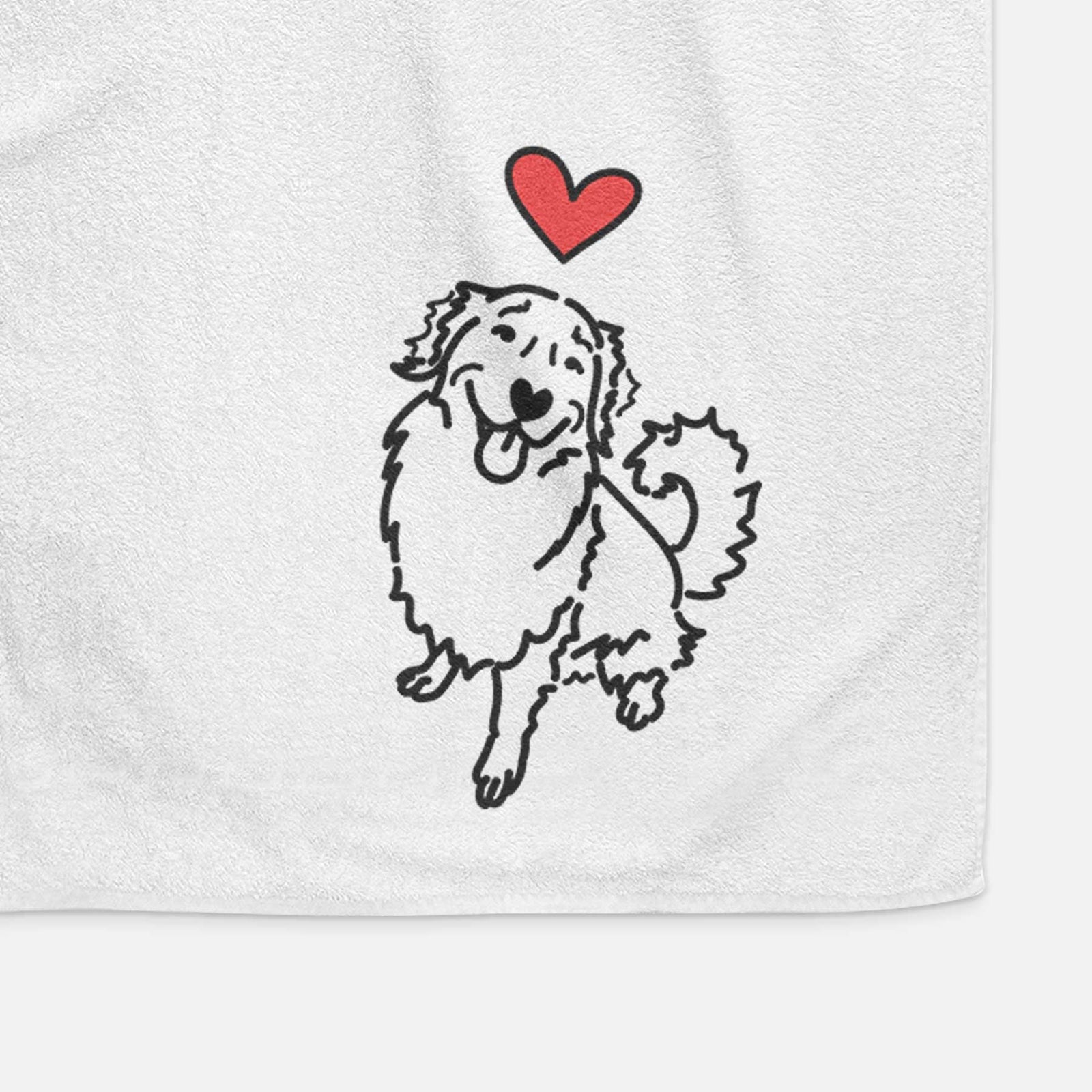 Minimalist line drawing of Brinkley the Golden Retriever with a red heart on a decorative hand towel