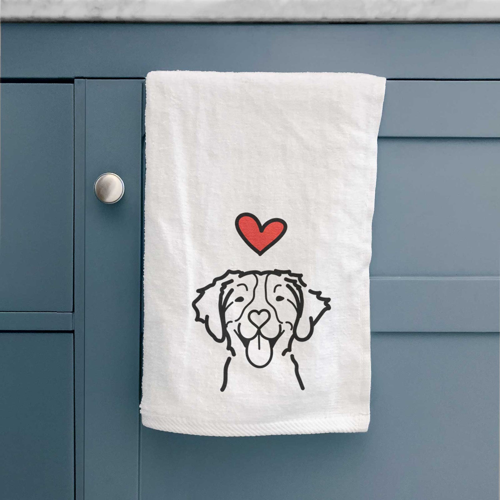 Minimalist line drawing of a Brittany with a red heart on a decorative hand towel