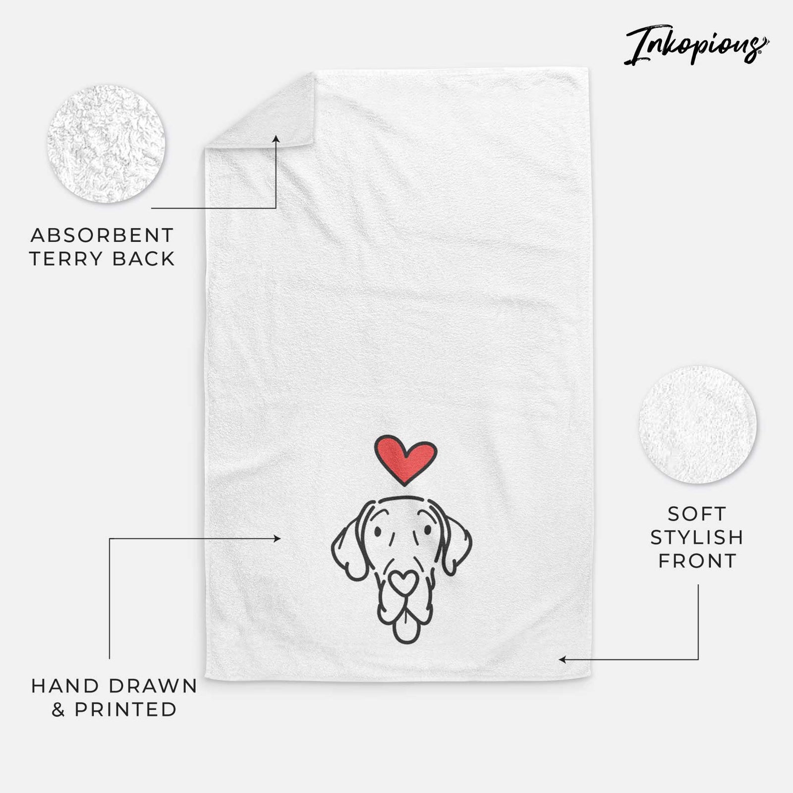 Minimalist line drawing of Bruce the Great Dane with a red heart on a decorative hand towel