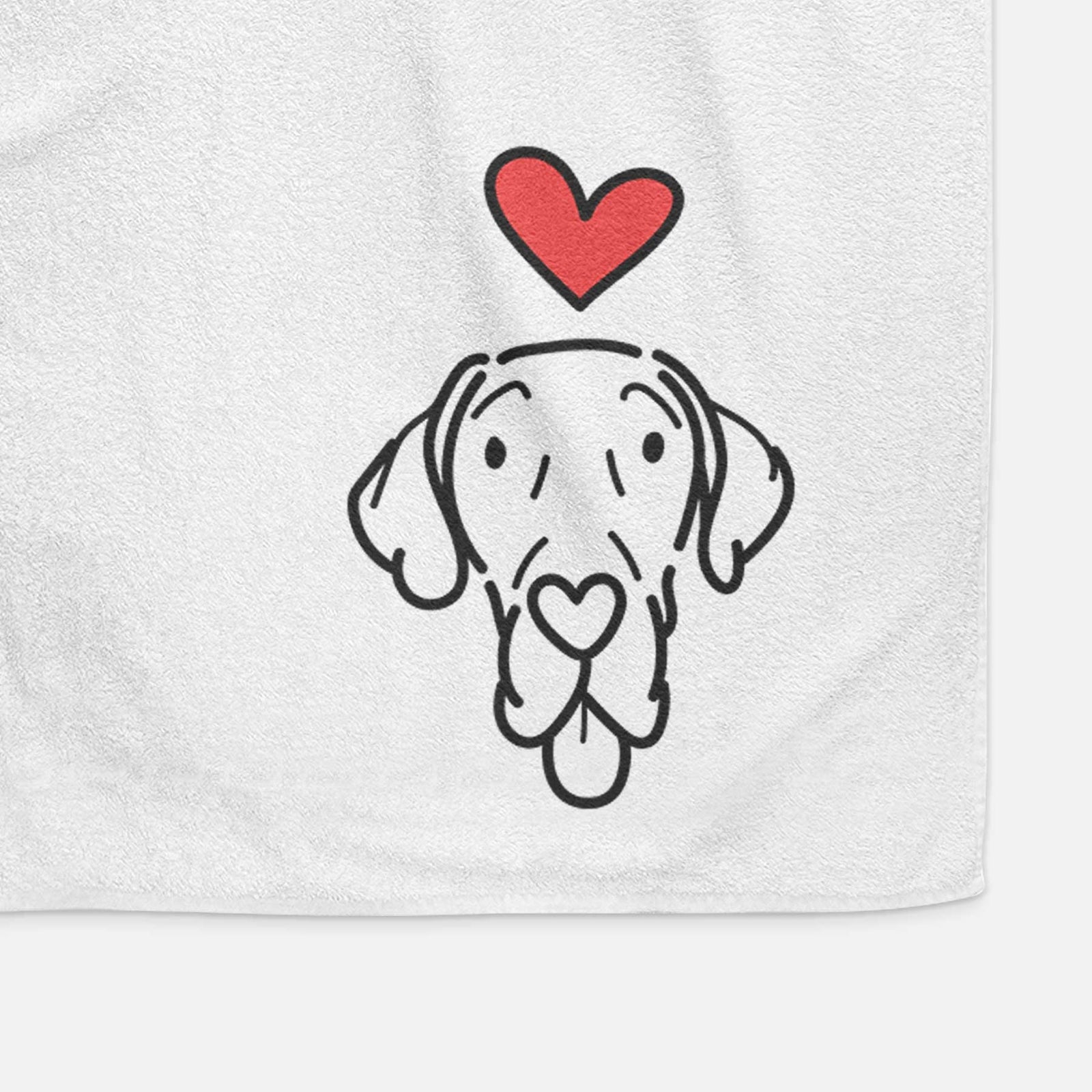 Minimalist line drawing of Bruce the Great Dane with a red heart on a decorative hand towel