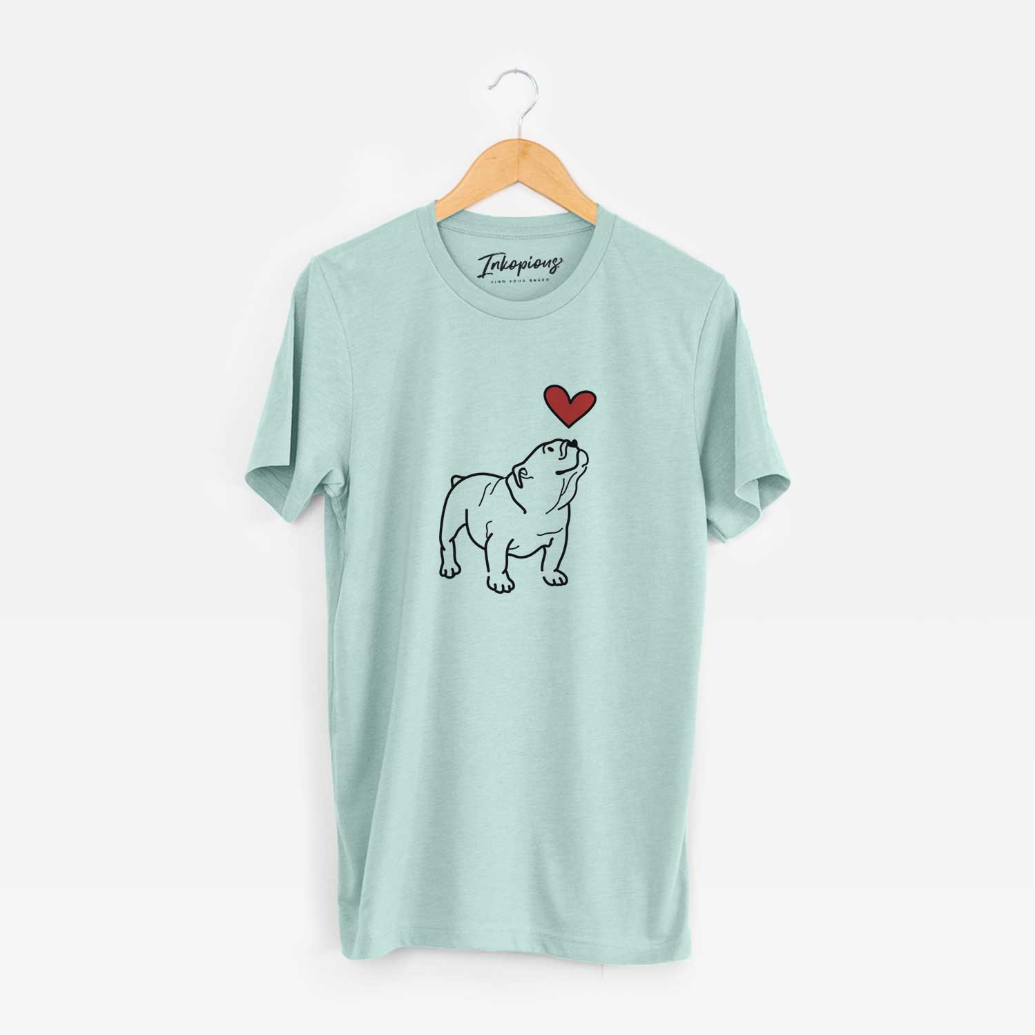 Minimalist line drawing of Bruno the English Bulldog with a red heart on a Heather Sage Unisex crewneck