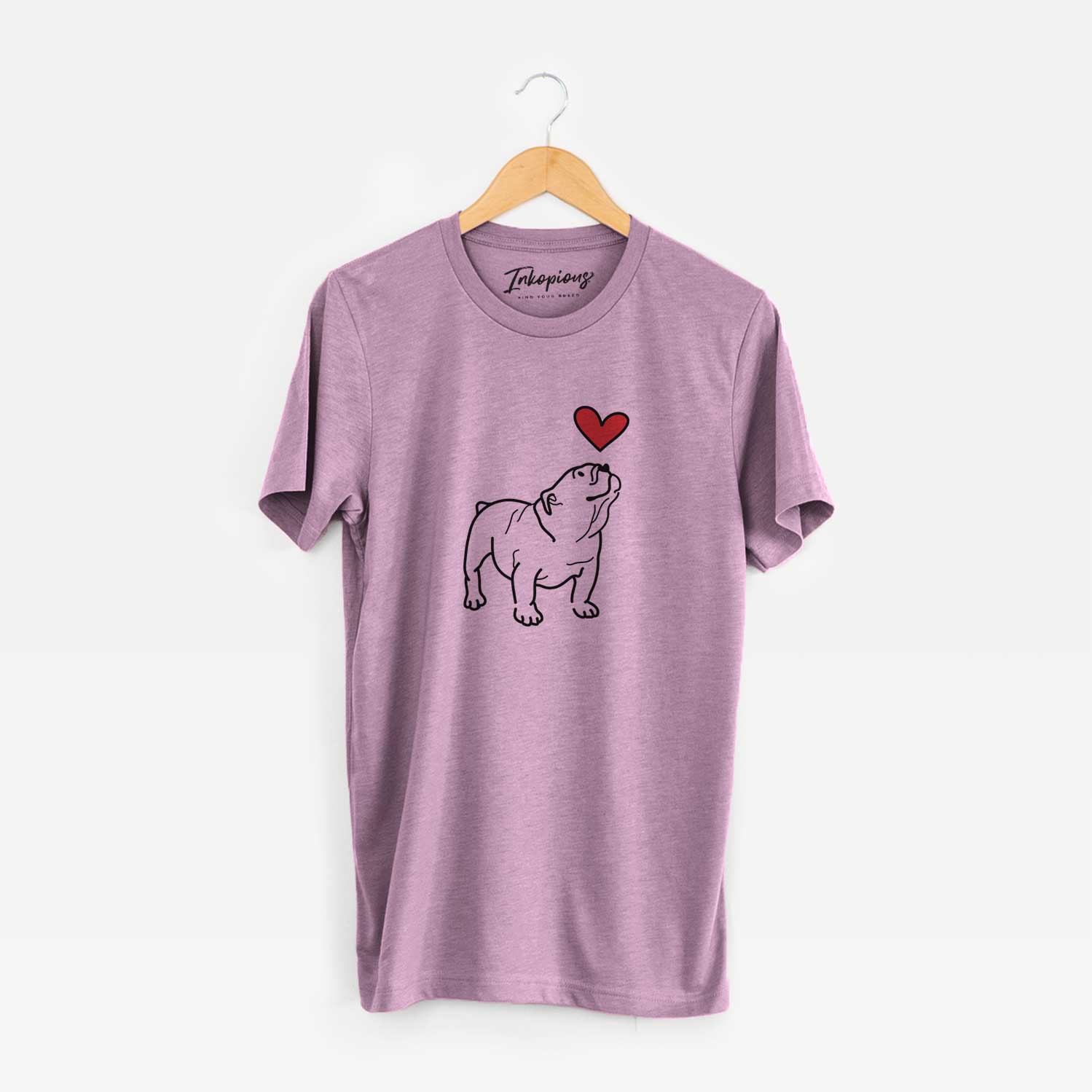 Minimalist line drawing of Bruno the English Bulldog with a red heart on an Orchid Unisex crewneck