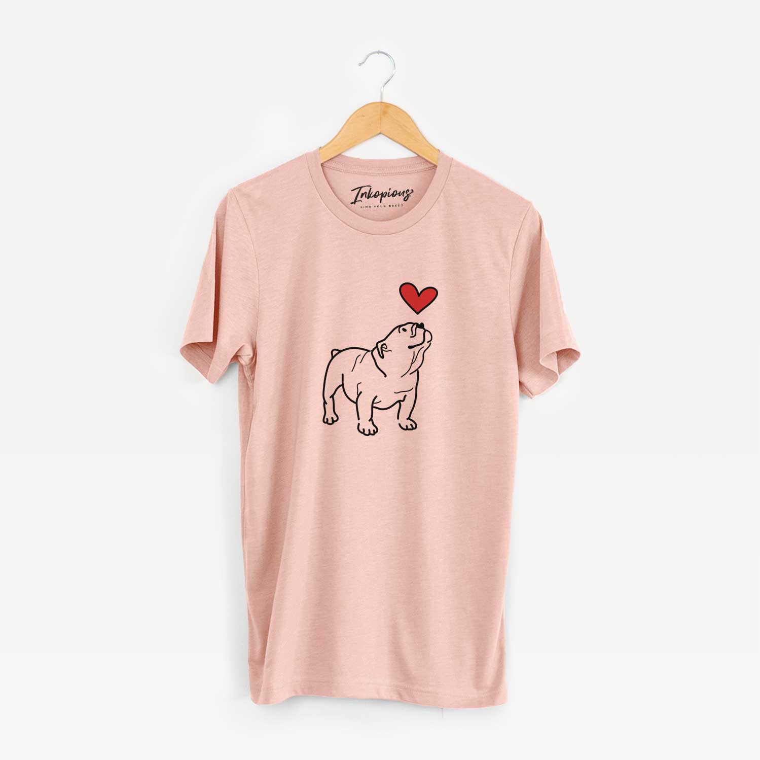 Minimalist line drawing of Bruno the English Bulldog with a red heart on a Peach Unisex crewneck