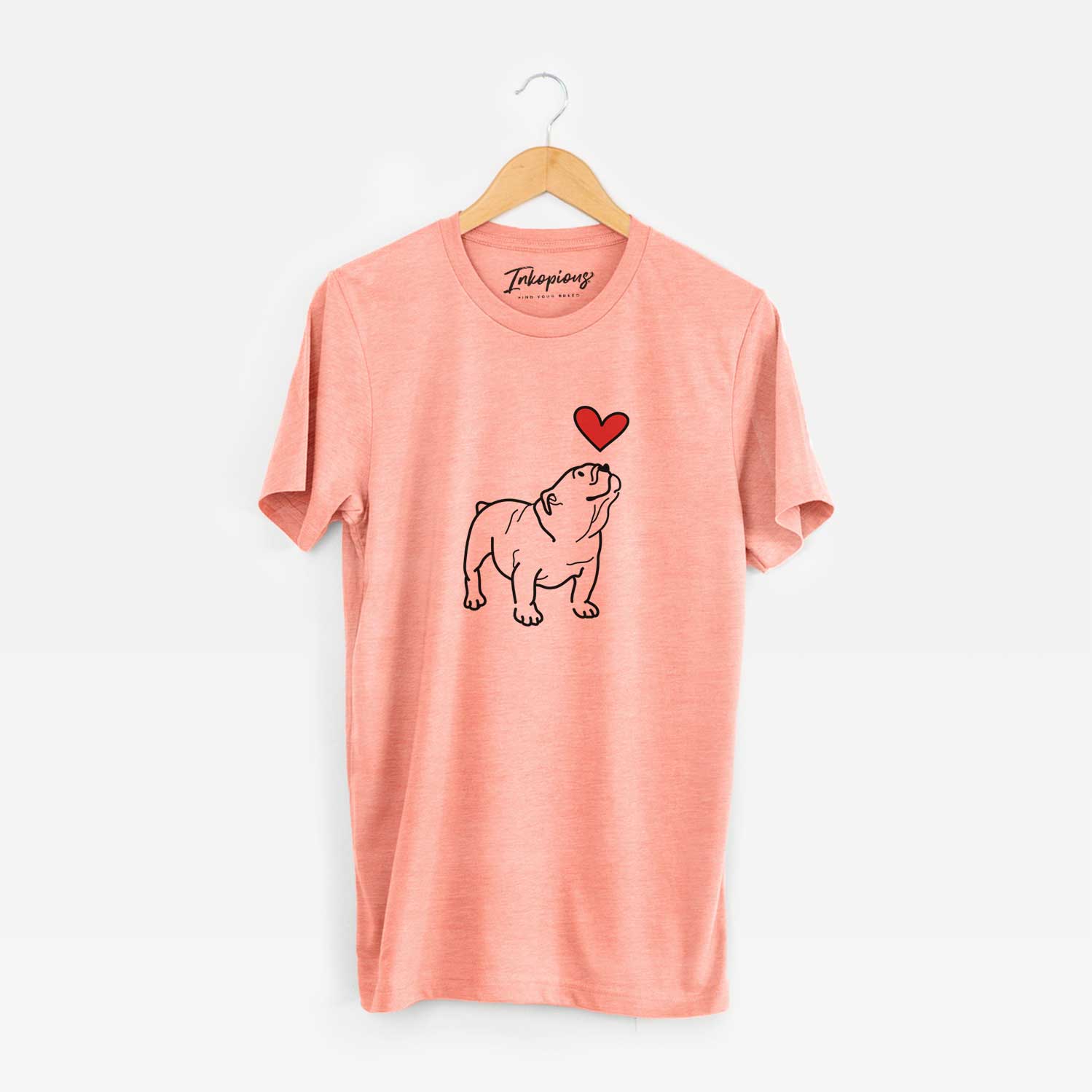 Minimalist line drawing of Bruno the English Bulldog with a red heart on a Sunset Unisex crewneck