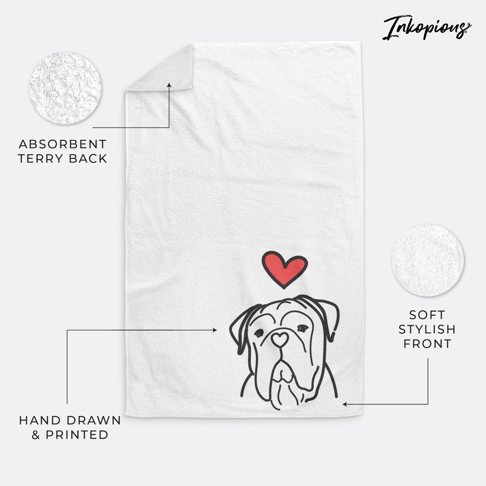 Minimalist line drawing of Vivian the Bull Mastiff with a red heart on a decorative hand towel