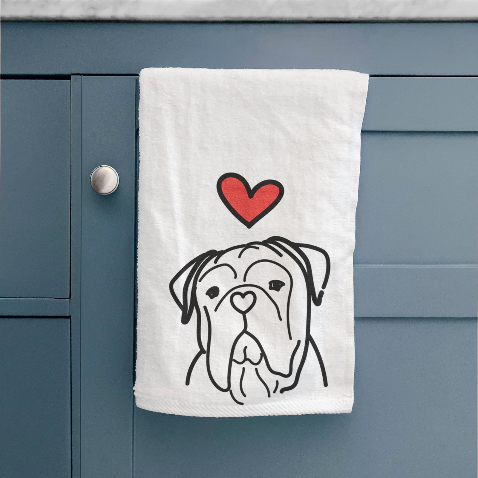 Minimalist line drawing of Vivian the Bull Mastiff with a red heart on a decorative hand towel