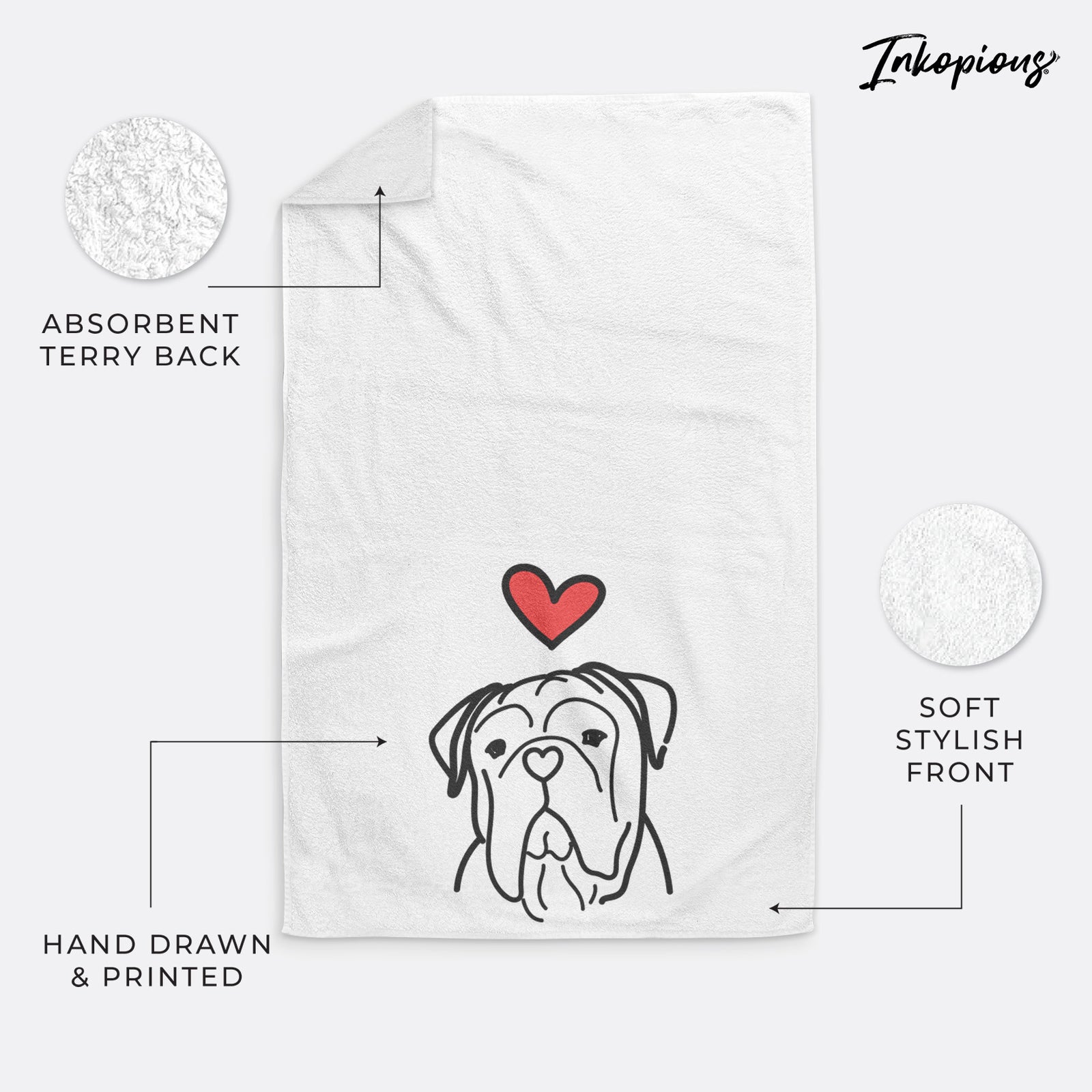 Minimalist line drawing of Vivian the Bull Mastiff with a red heart on a decorative hand towel