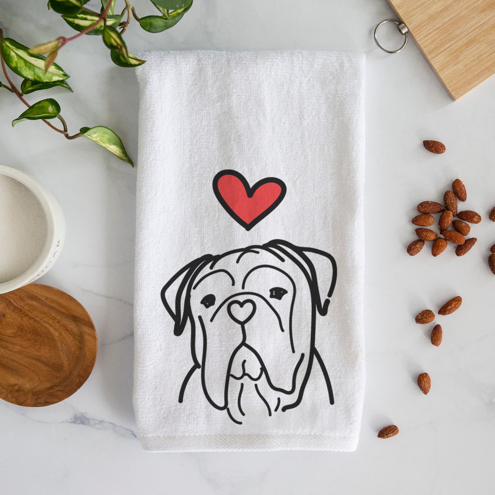 Minimalist line drawing of Vivian the Bull Mastiff with a red heart on a decorative hand towel