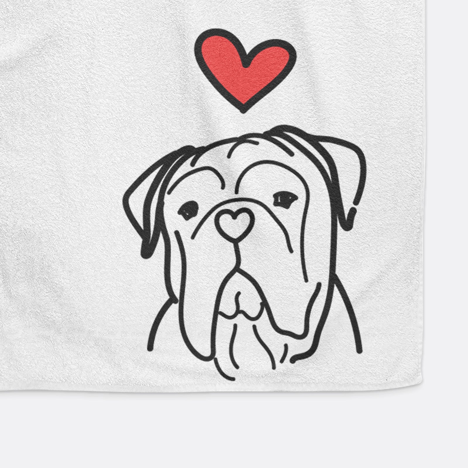 Minimalist line drawing of Vivian the Bull Mastiff with a red heart on a decorative hand towel