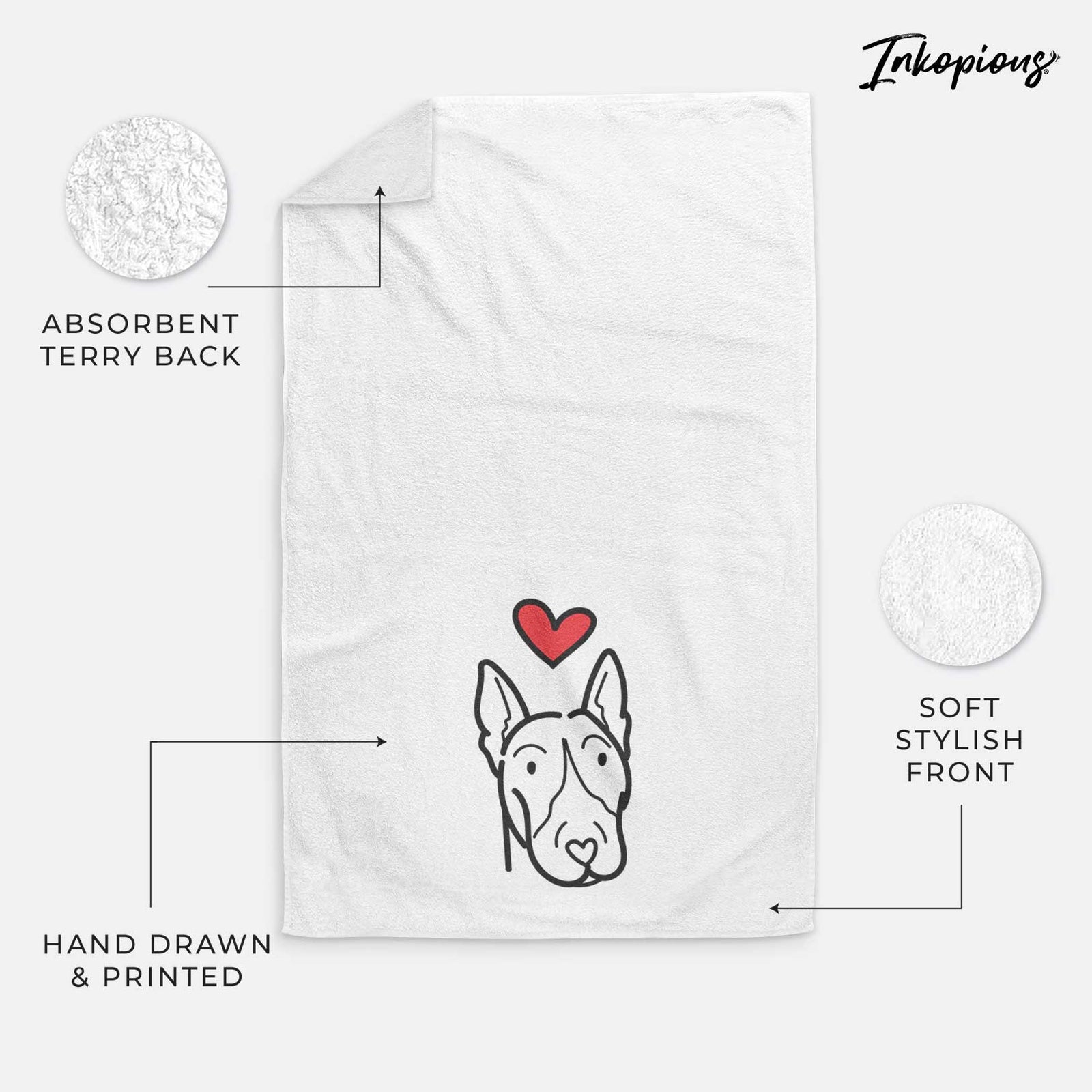 Minimalist line drawing of a Bull Terrier with a red heart on a decorative hand towel