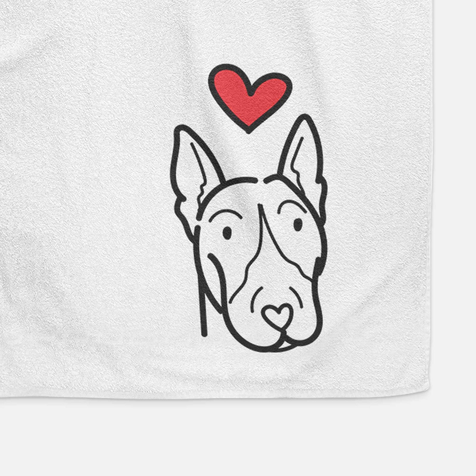 Minimalist line drawing of a Bull Terrier with a red heart on a decorative hand towel