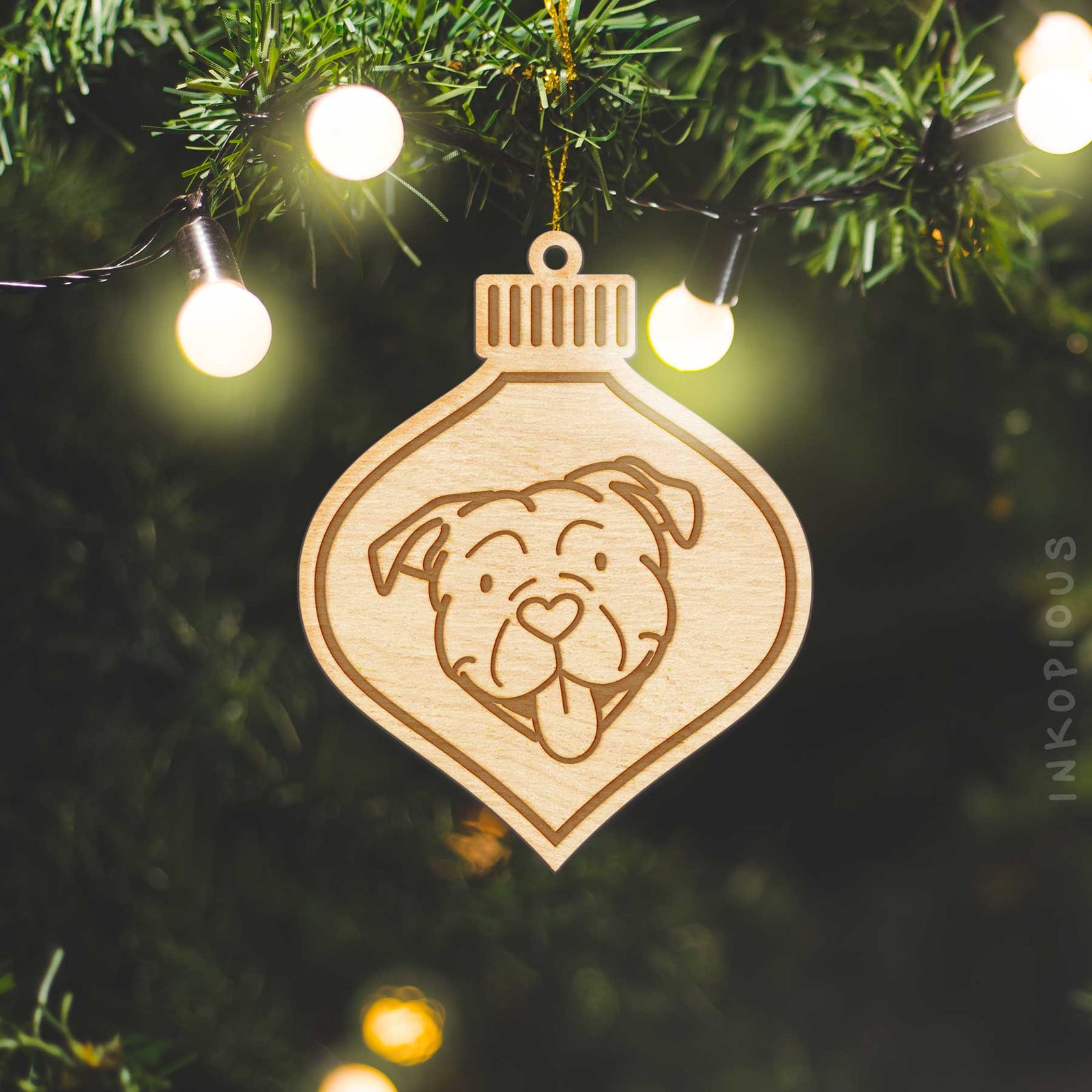 Minimalist line drawing of an American Bulldog with a red heart on an Ornament wooden ornament