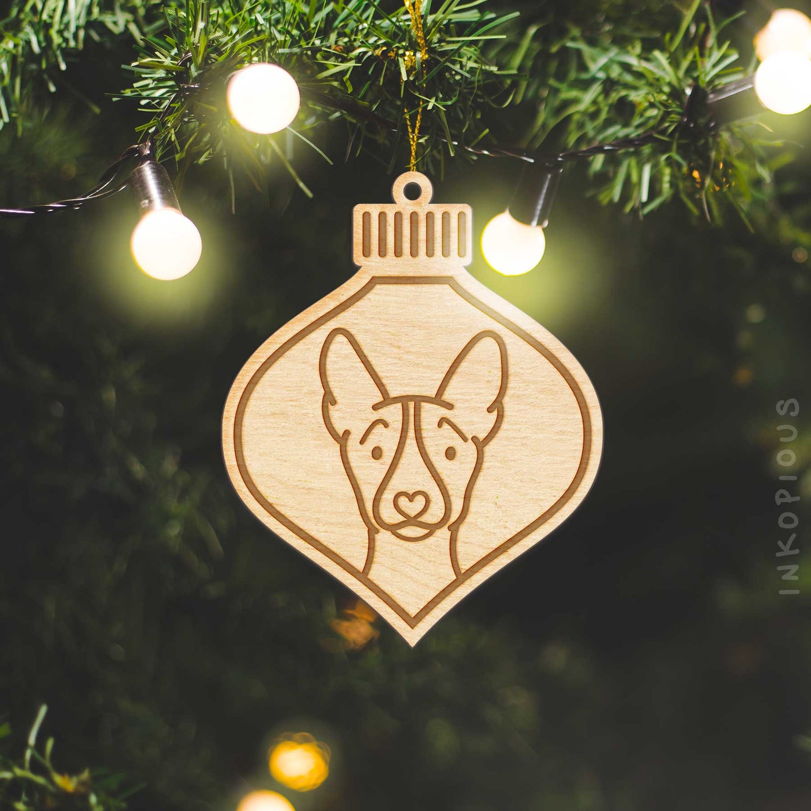 Minimalist line drawing of a Basenji with a red heart on an Ornament wooden ornament