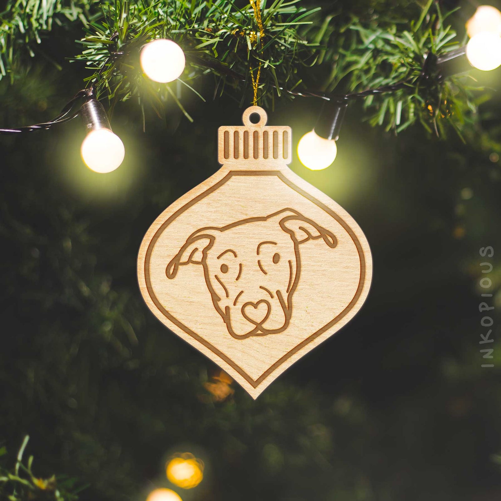 Minimalist line drawing of a Catahoula with a red heart on an Ornament wooden ornament
