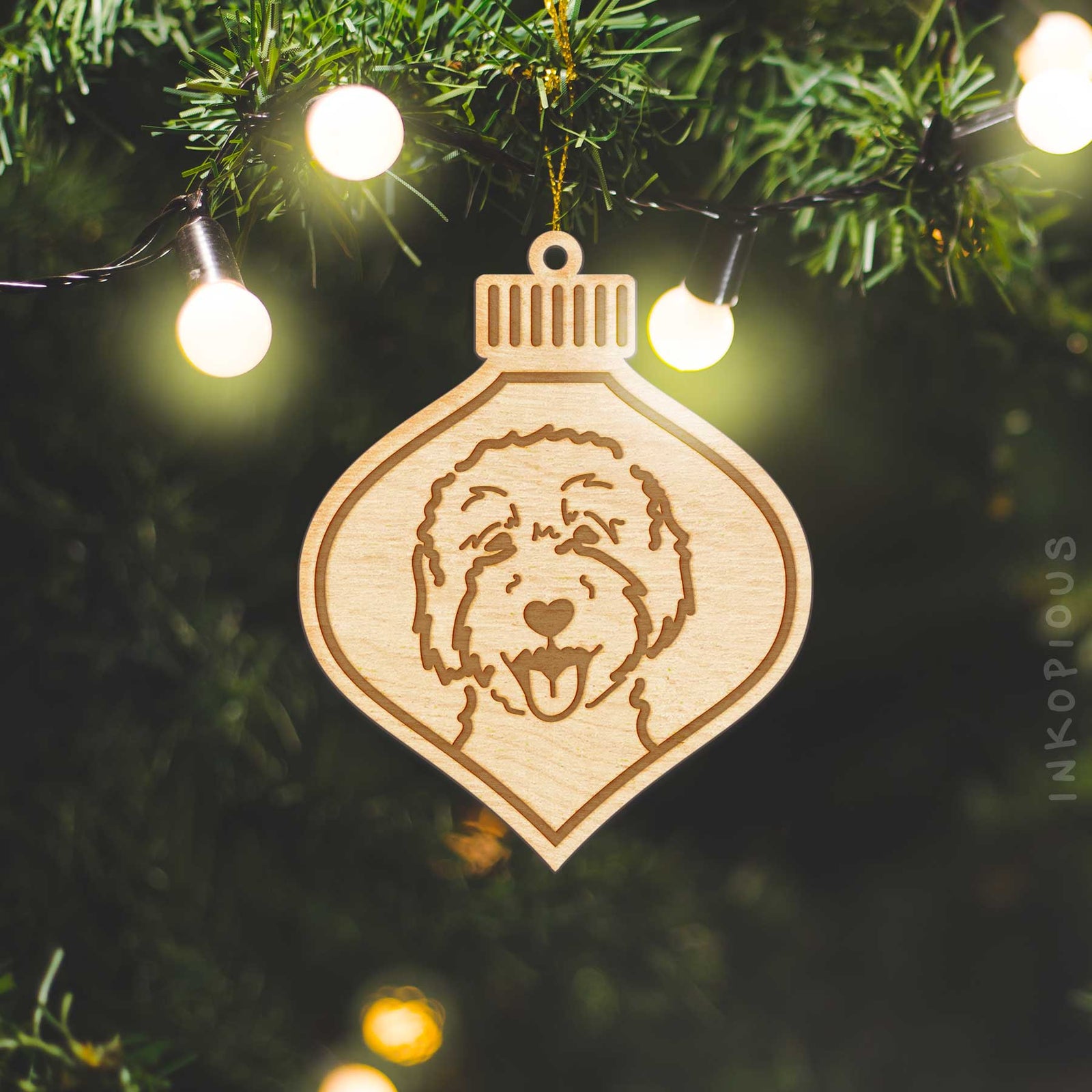 Minimalist line drawing of a Goldendoodle 2 with a red heart on an Ornament wooden ornament