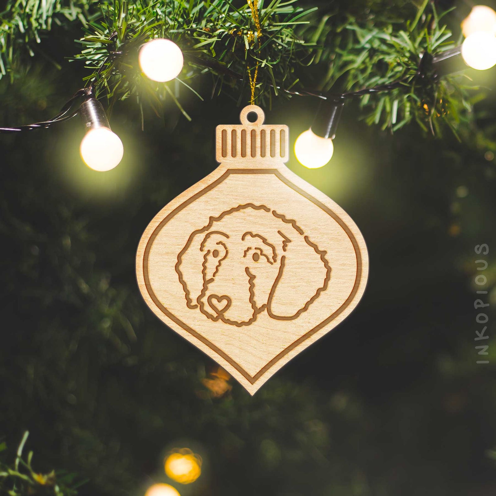 Minimalist line drawing of Hanna the Goldendoodle with a red heart on an Ornament wooden ornament