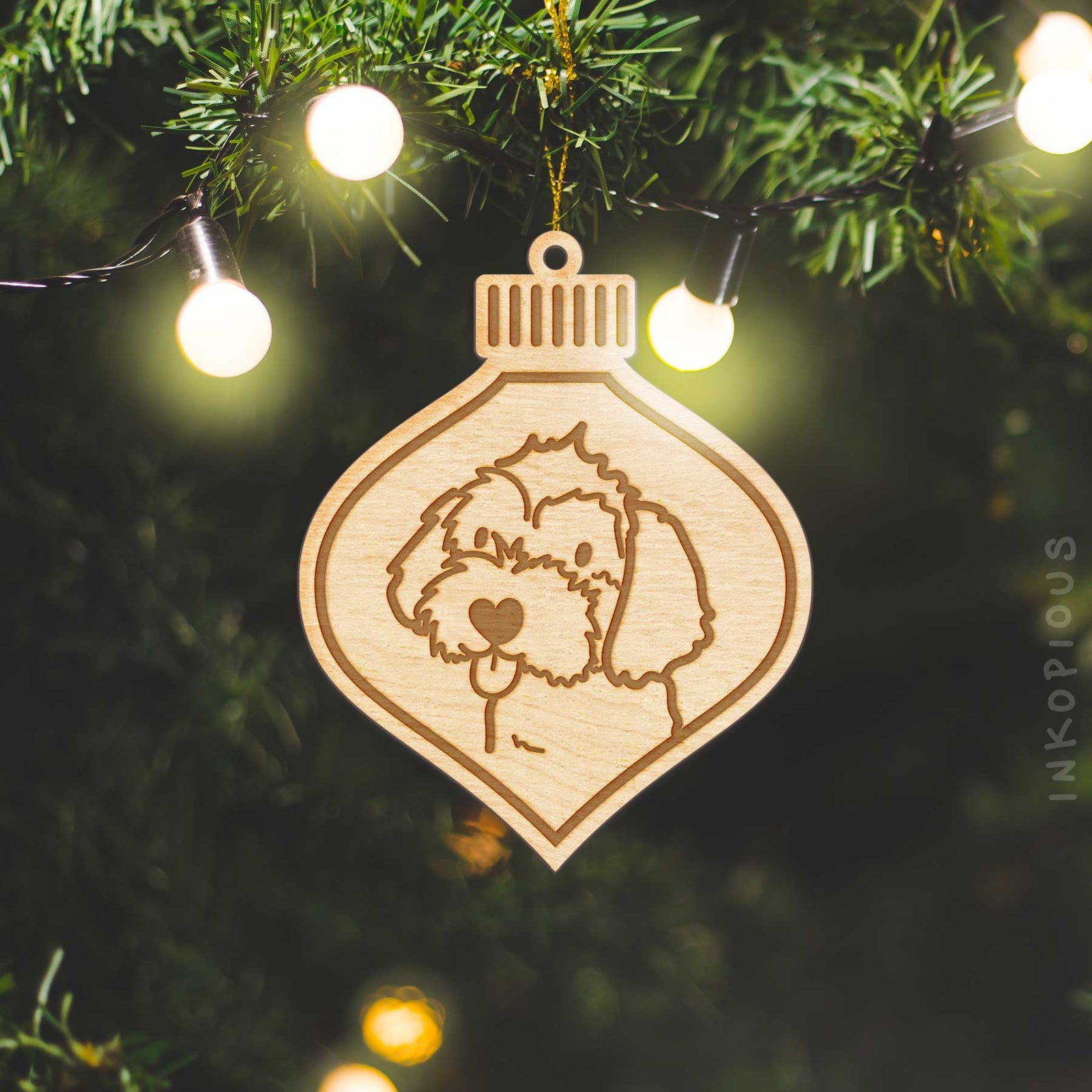 Minimalist line drawing of a Havapoo with a red heart on an Ornament wooden ornament