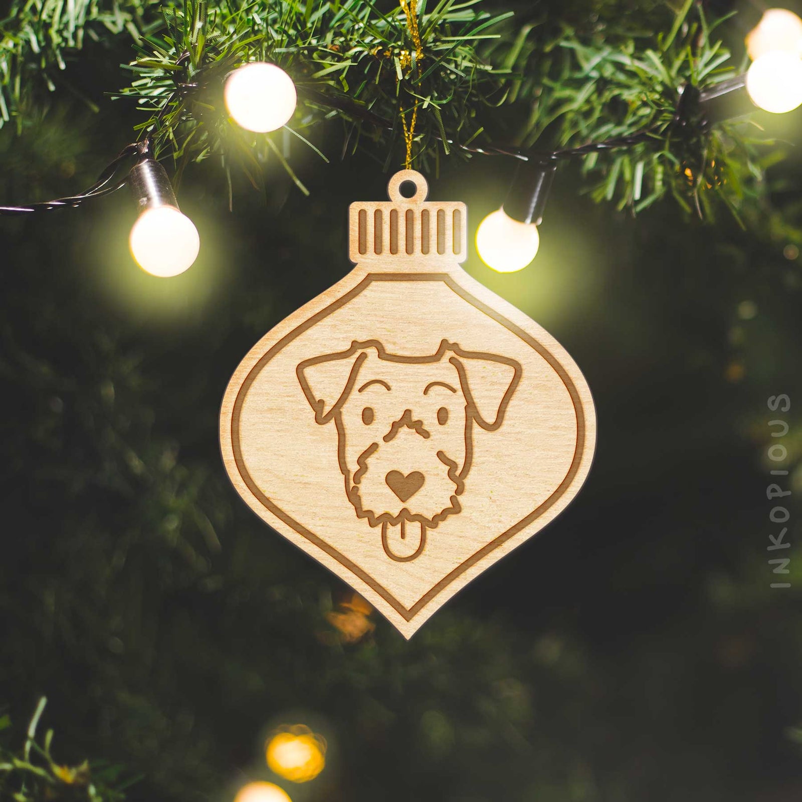 Minimalist line drawing of a Jack Russell Terrier with a red heart on an Ornament wooden ornament