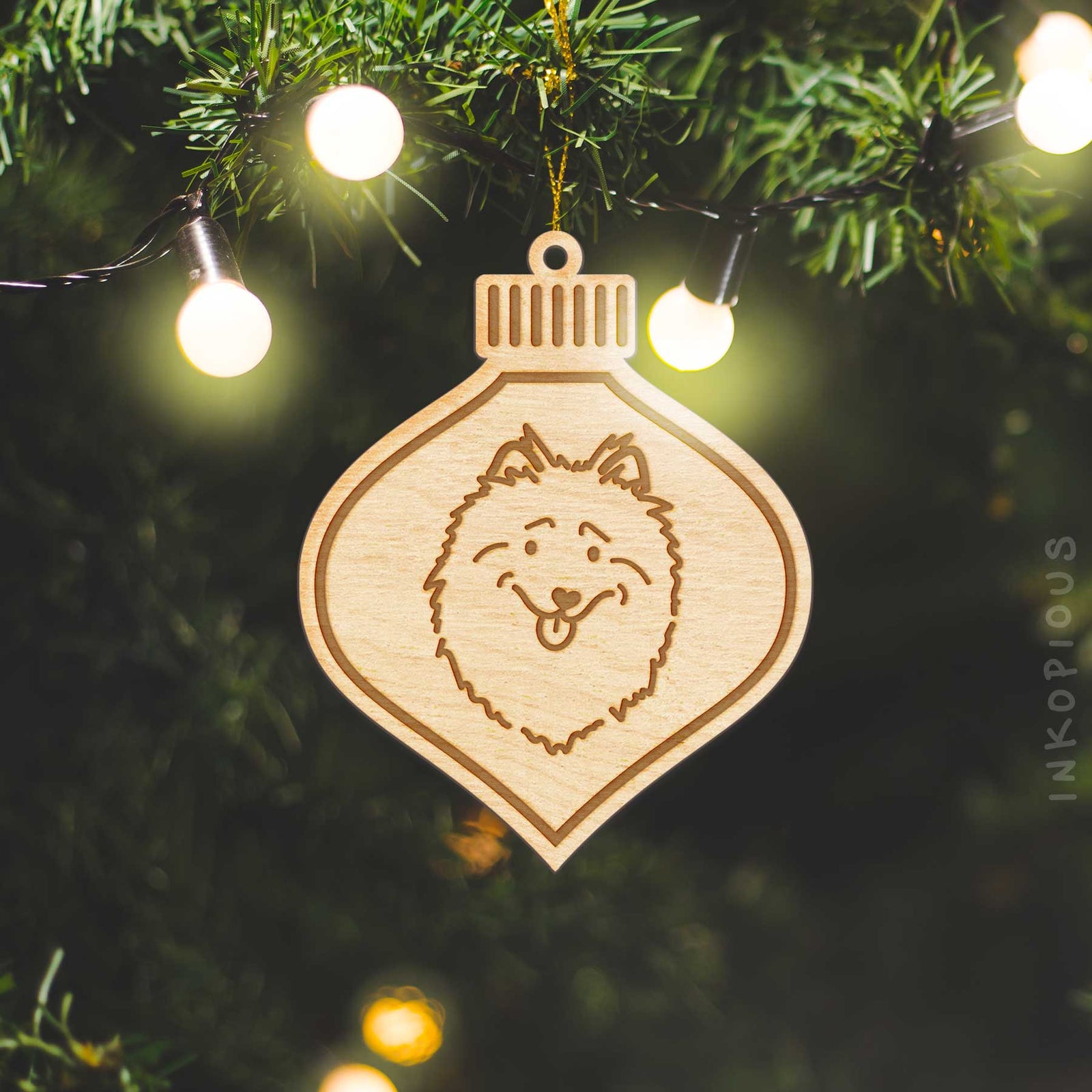Minimalist line drawing of a Keeshond with a red heart on an Ornament wooden ornament