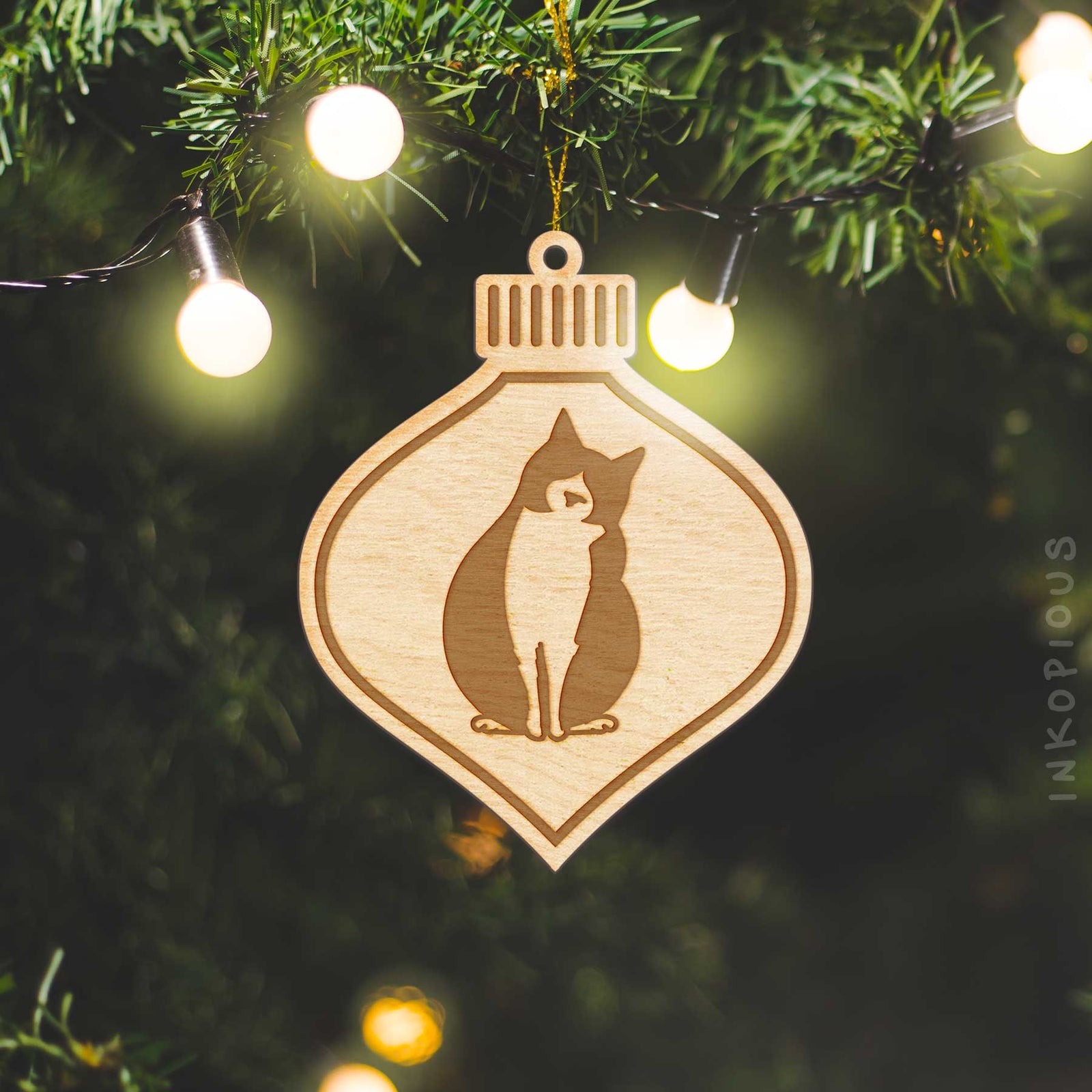 Minimalist line drawing of Oliver the Tuxedo Cat with a red heart on an Ornament wooden ornament