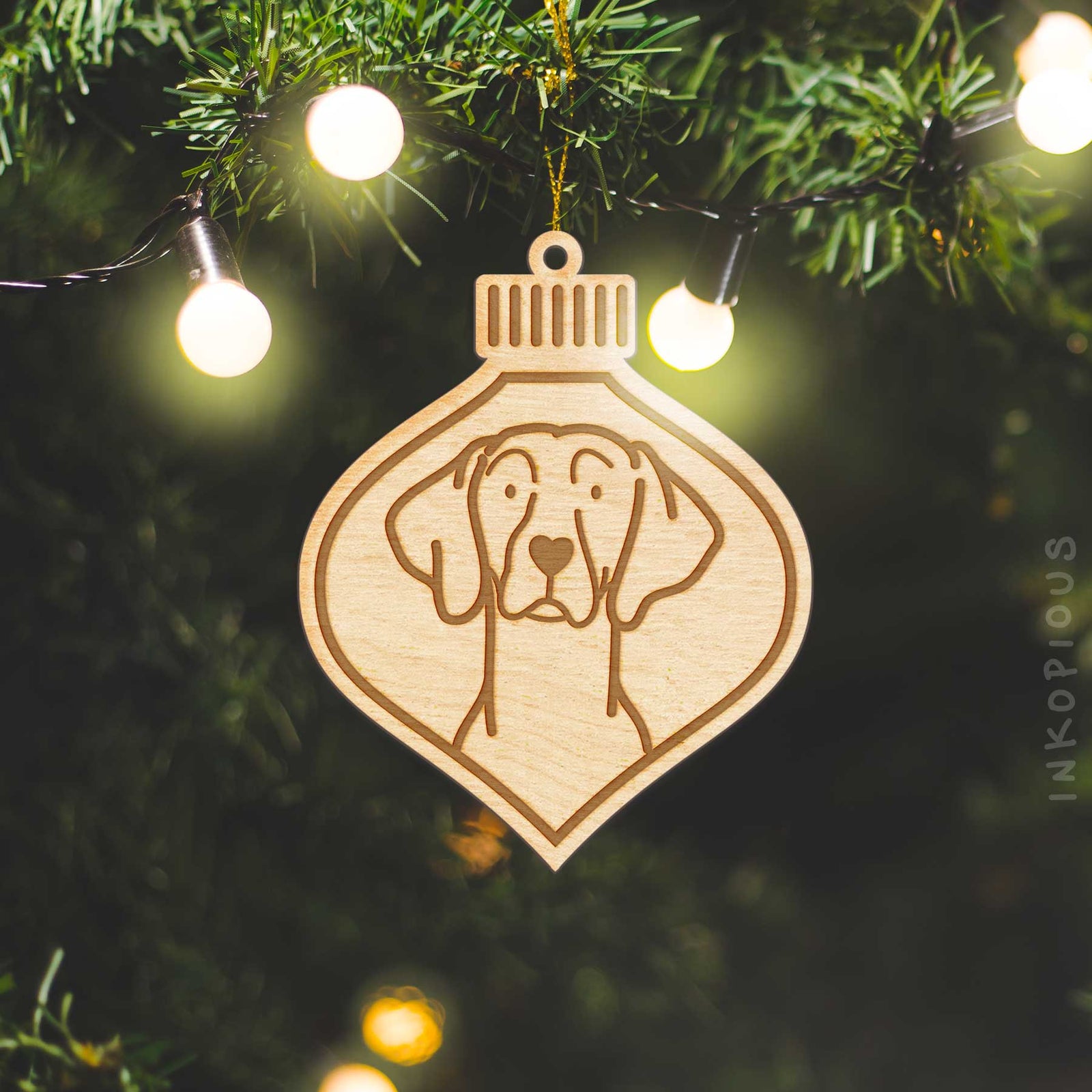 Minimalist line drawing of a Weimaraner with a red heart on an Ornament wooden ornament