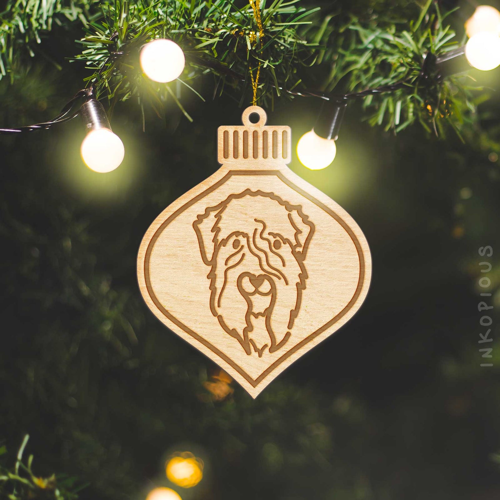 Minimalist line drawing of a Soft Coated Wheaten Terrier with a red heart on an Ornament wooden ornament